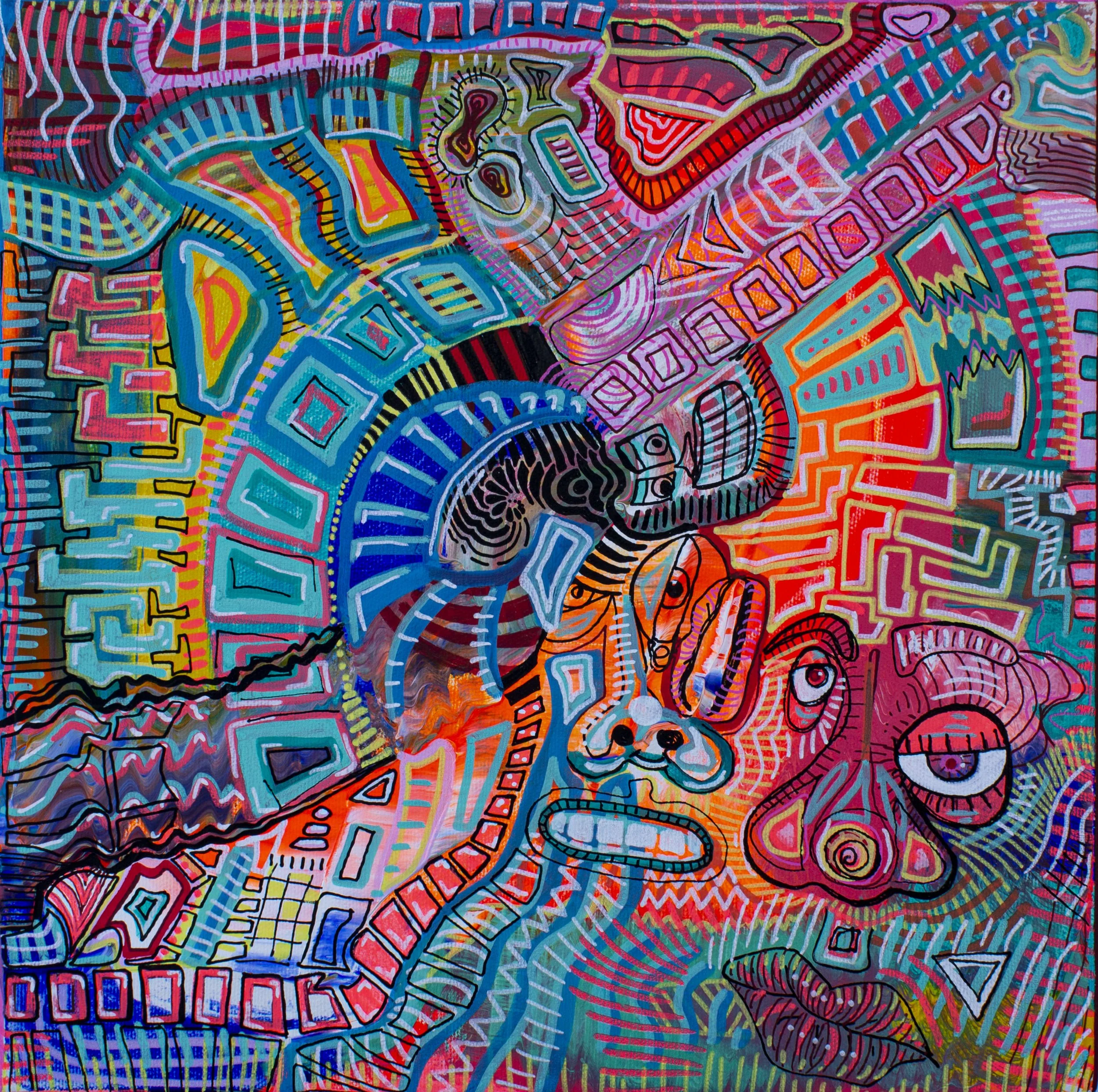 Colorful abstract painting with geometric shapes, swirling lines, and patterns including eyes, lips, a dog, and a snail.