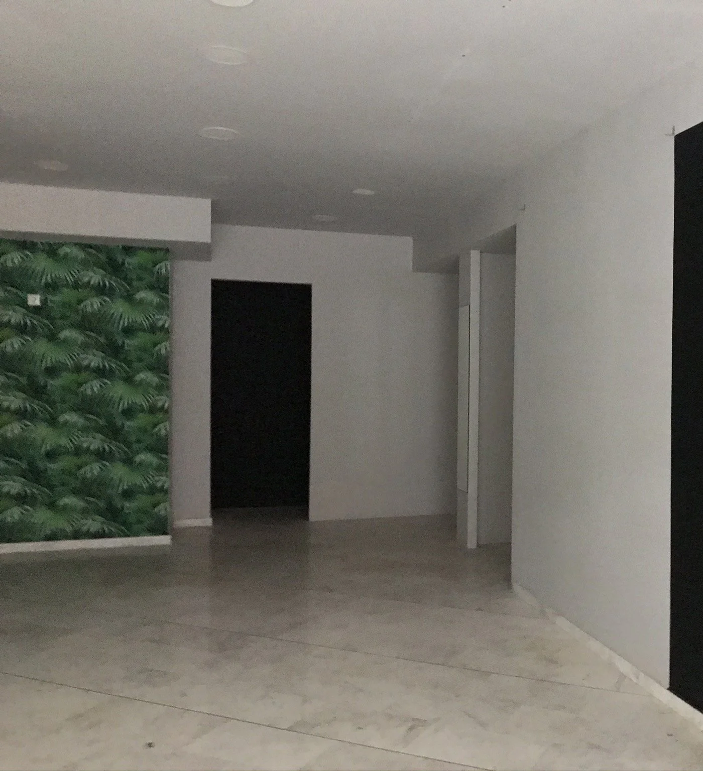 An interior space with white walls and ceiling, a green leafy wallpaper on one wall, and open doorways, with a light-colored tiled floor.
