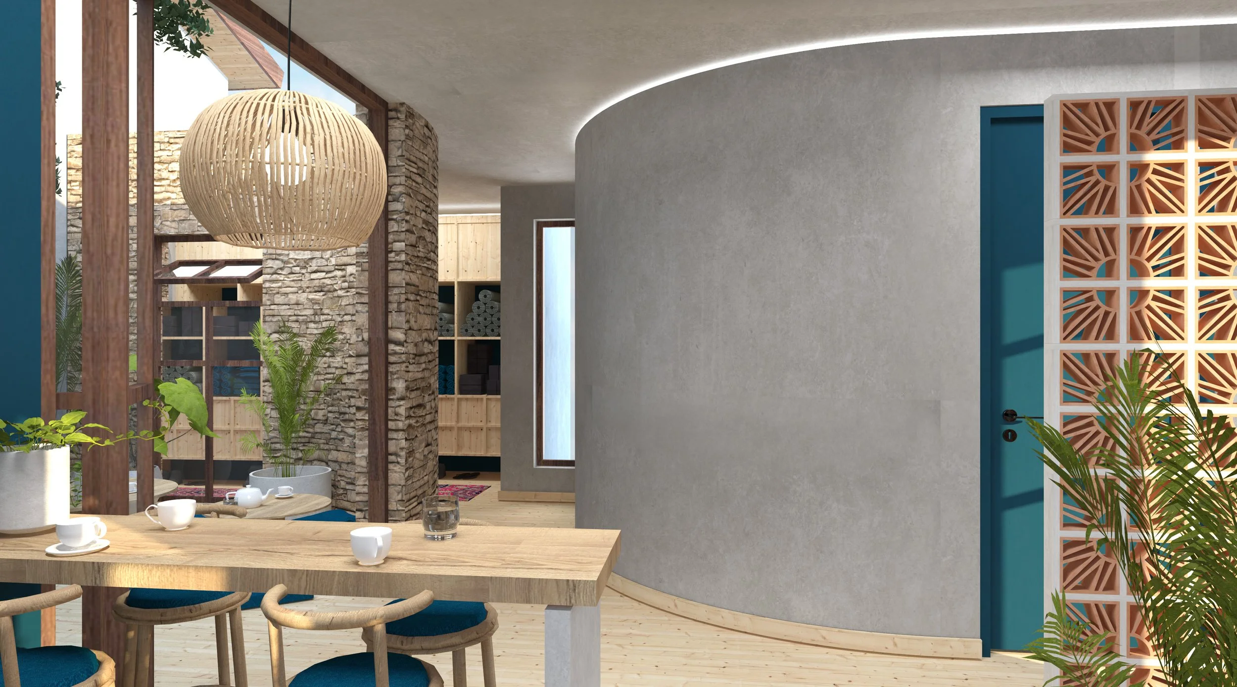 Modern dining area with wooden table, white cups, teapot, glass of water, surrounded by chairs with blue cushions. An open-concept space with a curved gray wall, decorative wooden room divider, indoor plants, and a view of an outdoor patio with stone