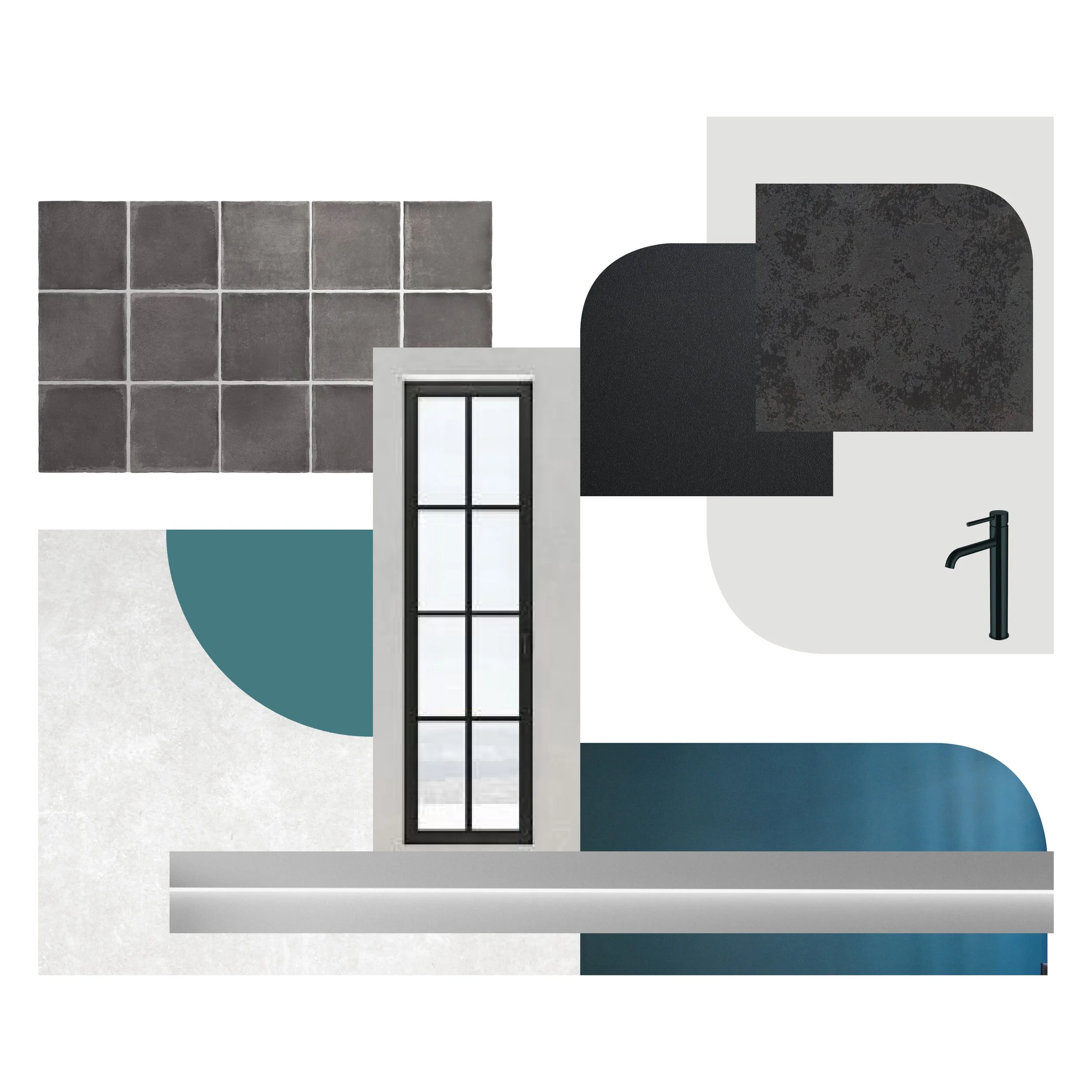 Composite digital art of modern residential architecture with geometric shapes, resembling a house facade with textured and colored surfaces including gray brick, black, white, and teal elements.
