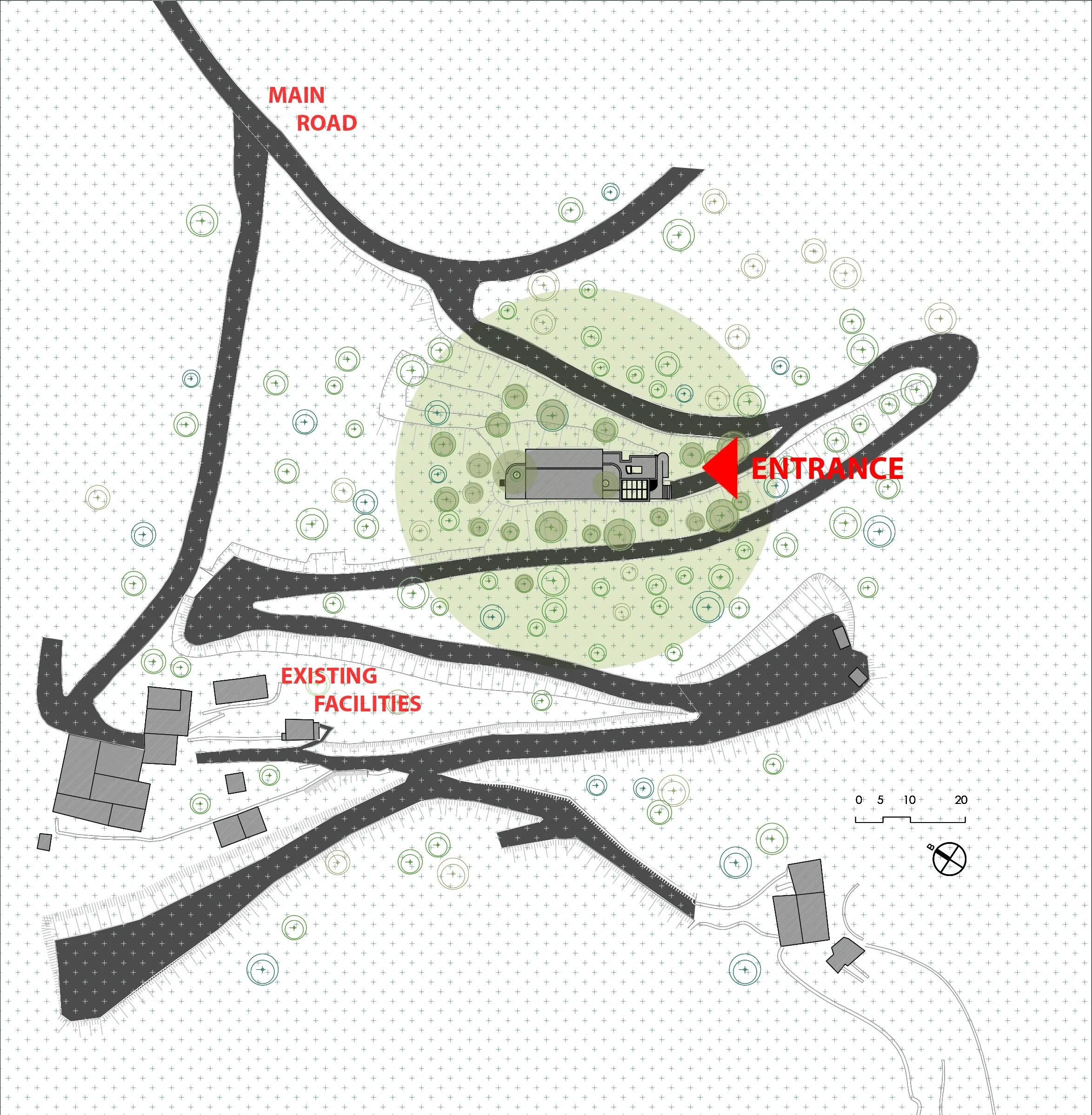 A map showing roads, existing facilities, and a designated entrance. The main road curves at the top left, leading to the entrance at the bottom right. The map features symbols for trees and structures, with labels for key areas.