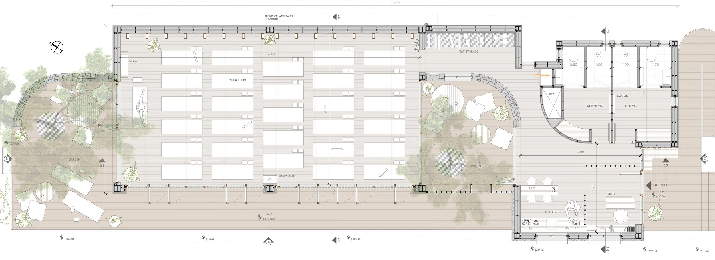 Architectural floor plan of a wellness or community center featuring a yoga room, garden, atrium, kitchenette, lounge, and restroom areas.