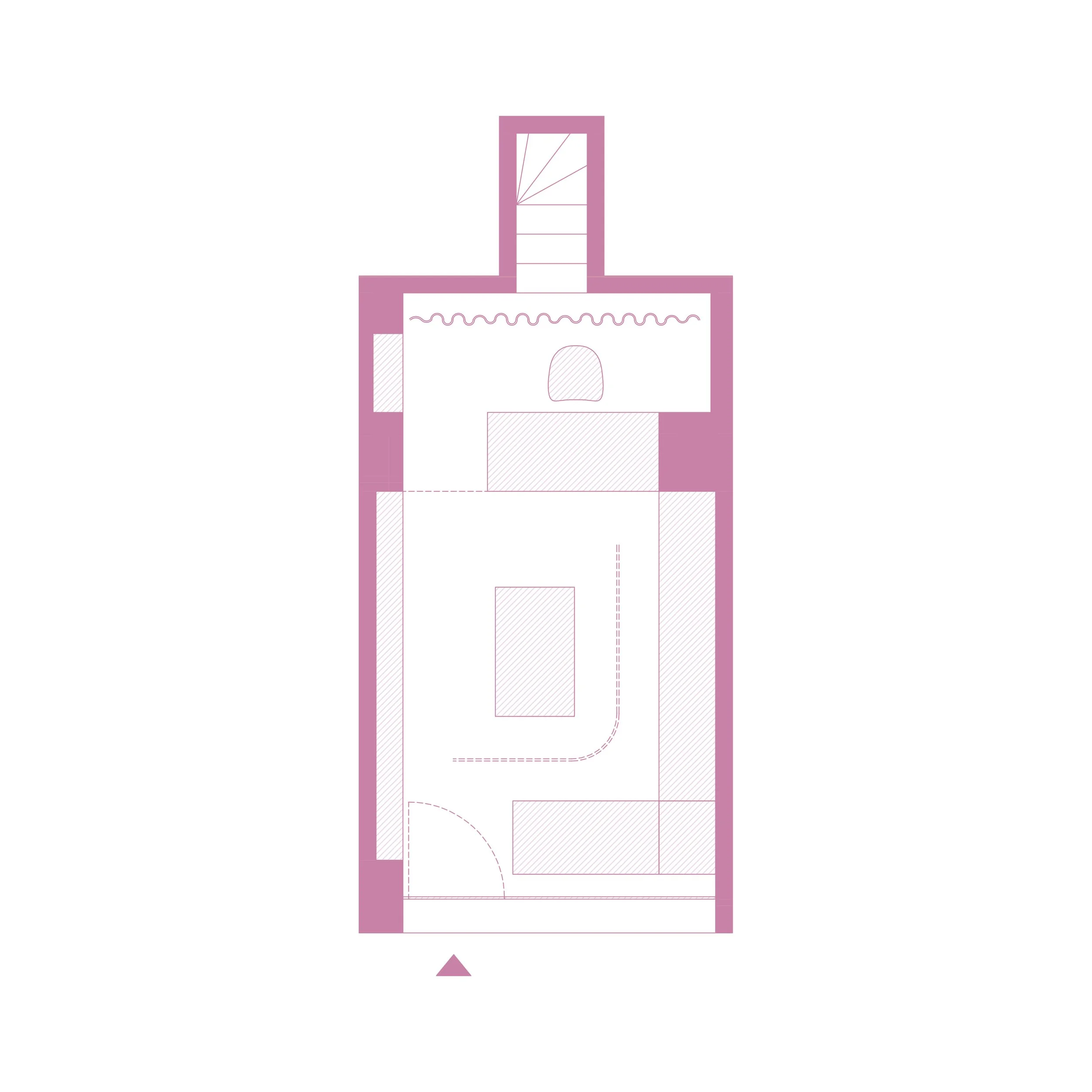 Floor plan drawing in purple and white, including walls, doorways, and staircases.