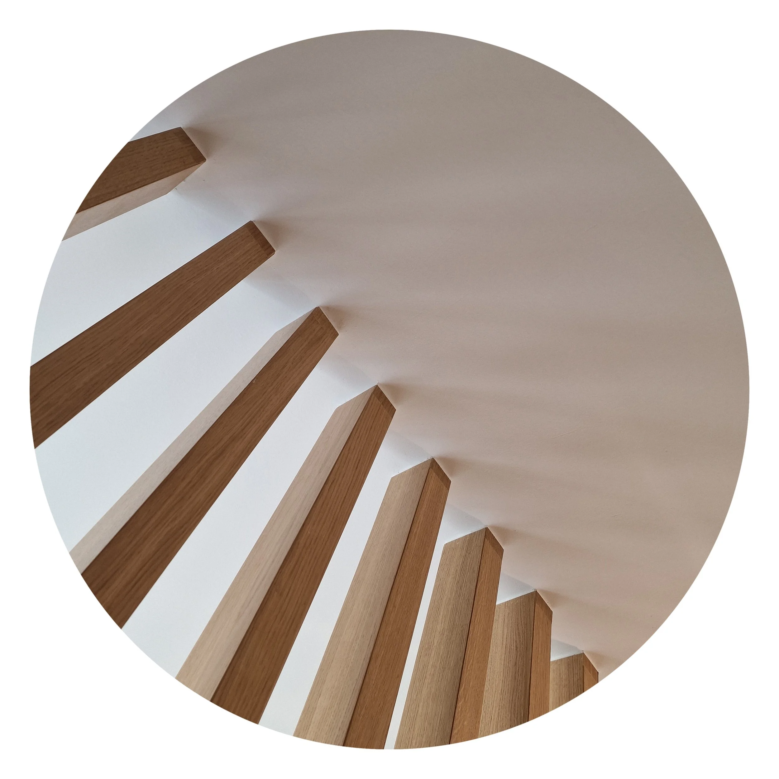 Close-up of a white curved surface with evenly spaced wooden pegs or knobs attached.