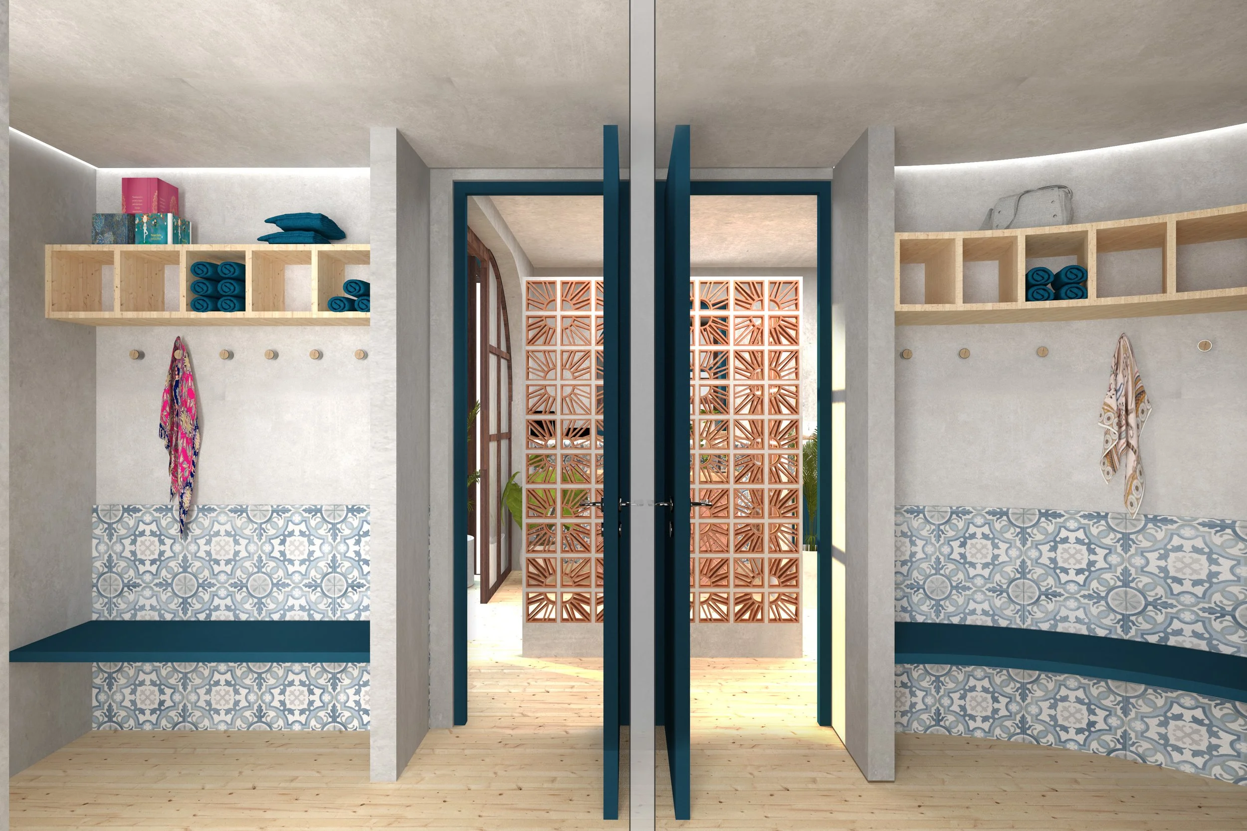 View of a room with built-in wooden shelves holding folded towels and boxes, decorative hooks with hanging towels, and a door with a decorative brick wall outside.