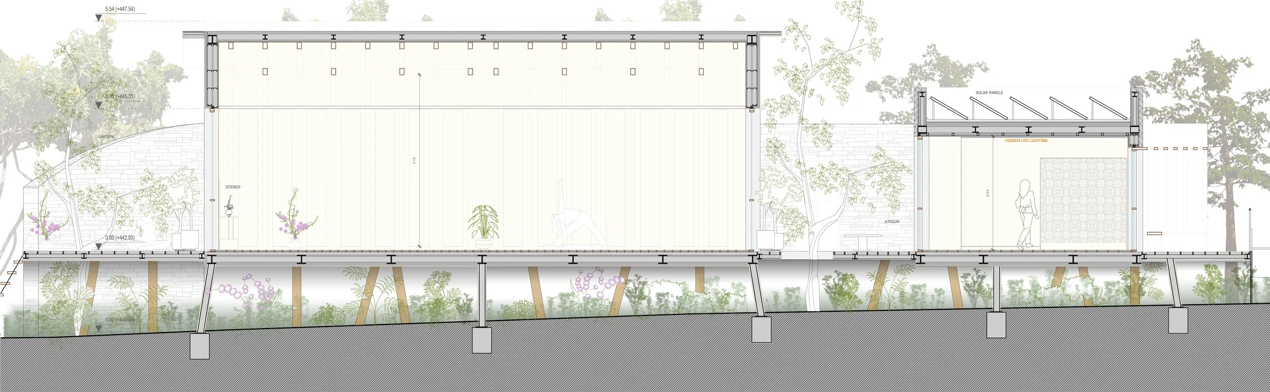 Architectural blueprint of a building with detailed sections, including solar panels, hidden LED lighting, an atrium, and surrounding garden landscaping.