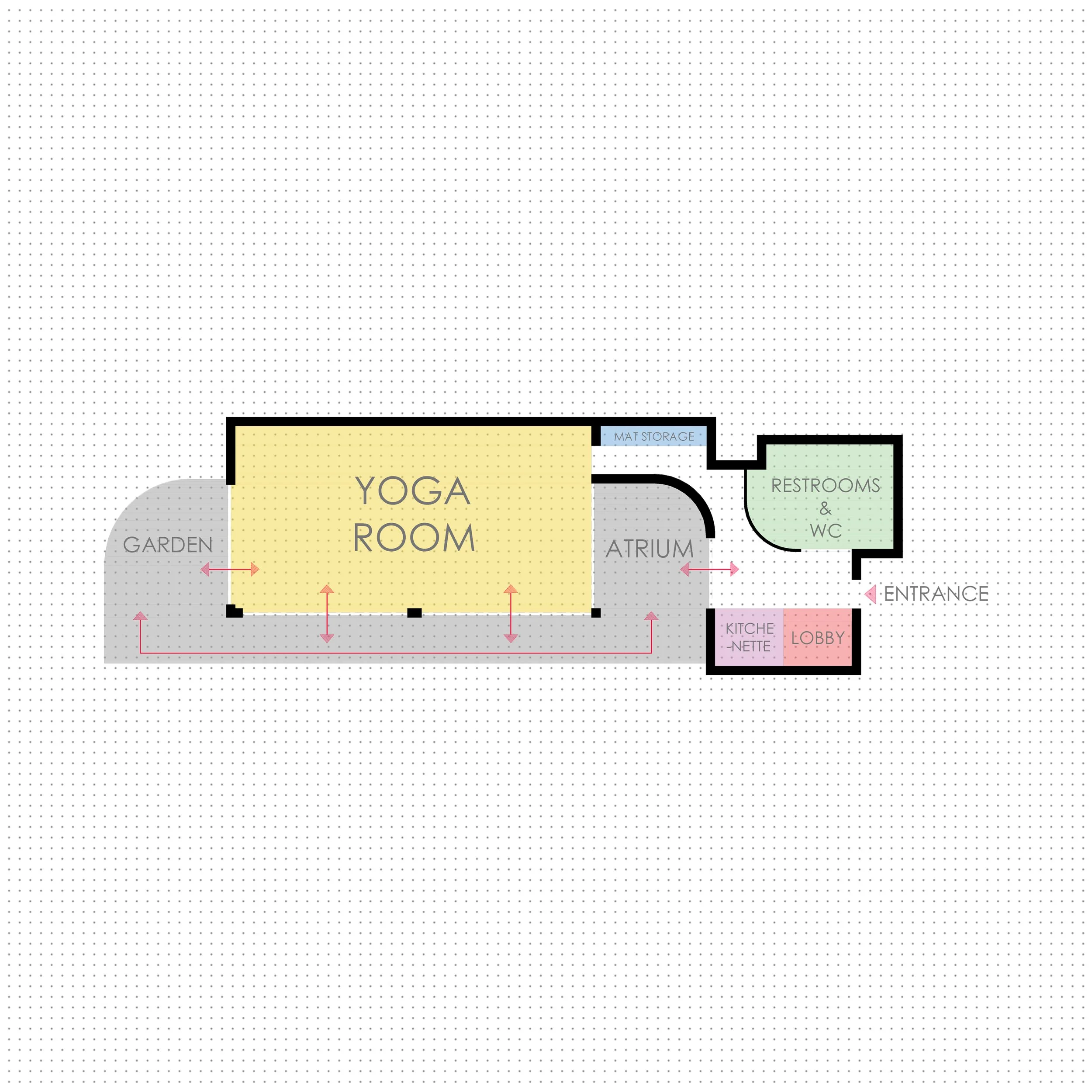 Floor plan showing a yoga room, garden, storage, restrooms, lobby, kitchenette, and entrance.
