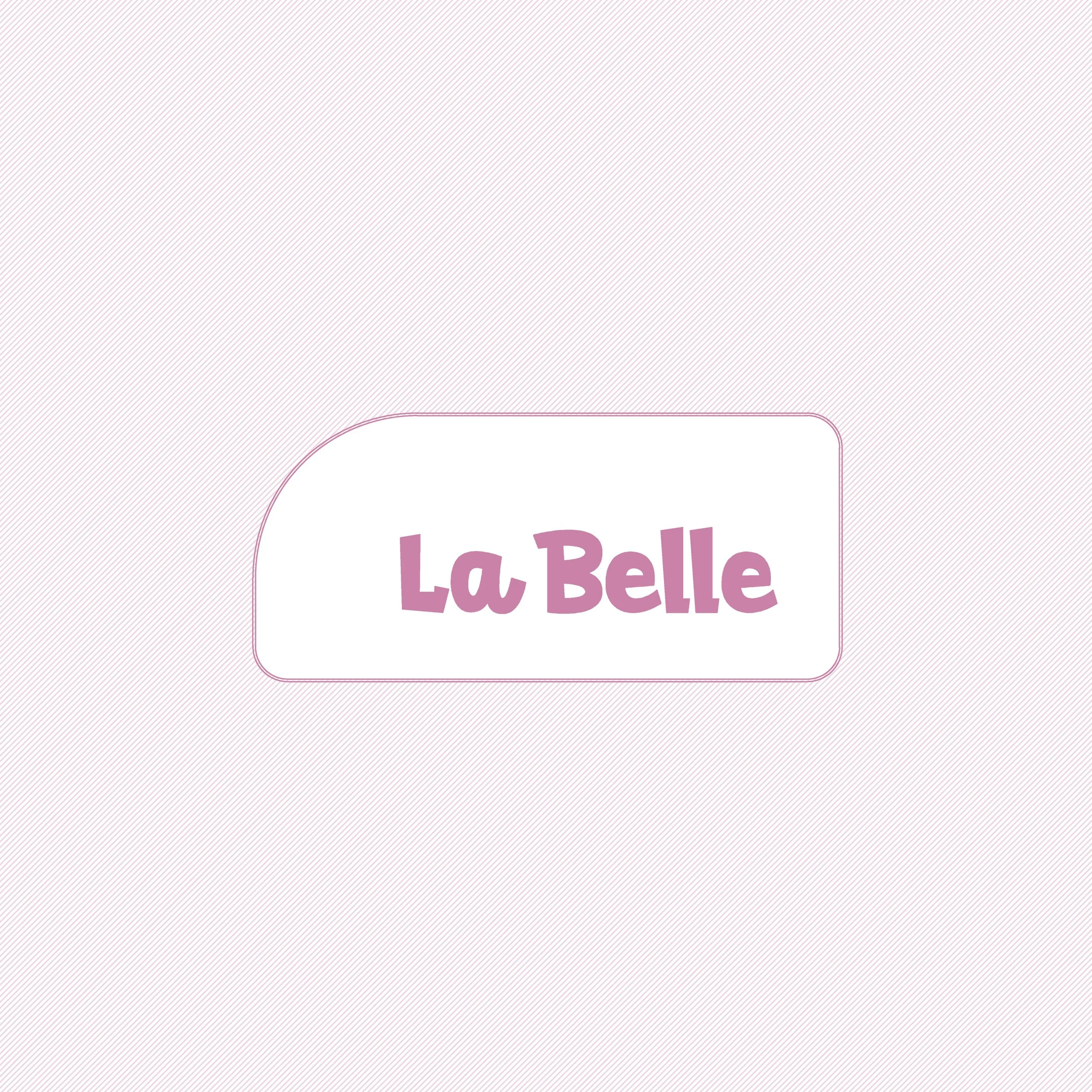 Partial view of a sign with the word "LaBelle" written in purple letters on a white background, with a decorative purple border around the sign.