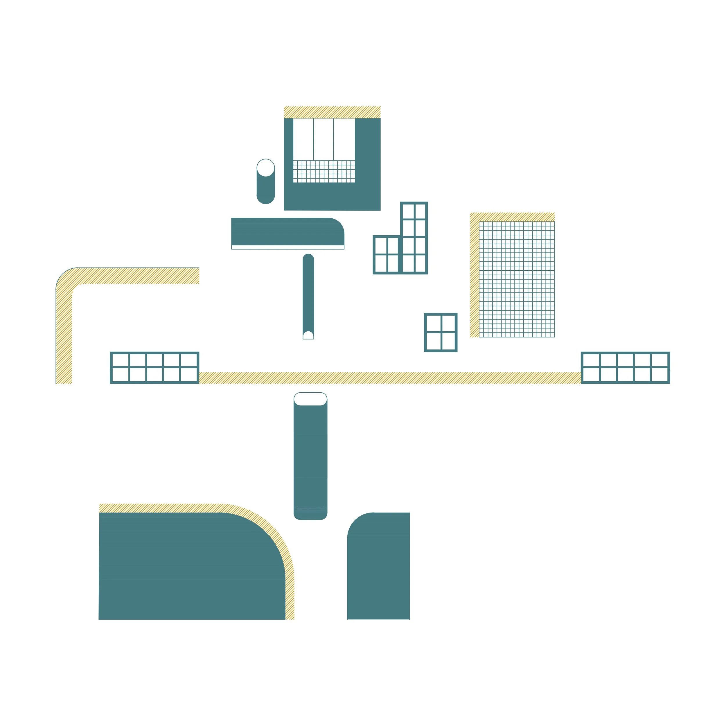 Minimalistic illustration of a cityscape with buildings of different heights, window patterns, and a few striped accents in yellow.