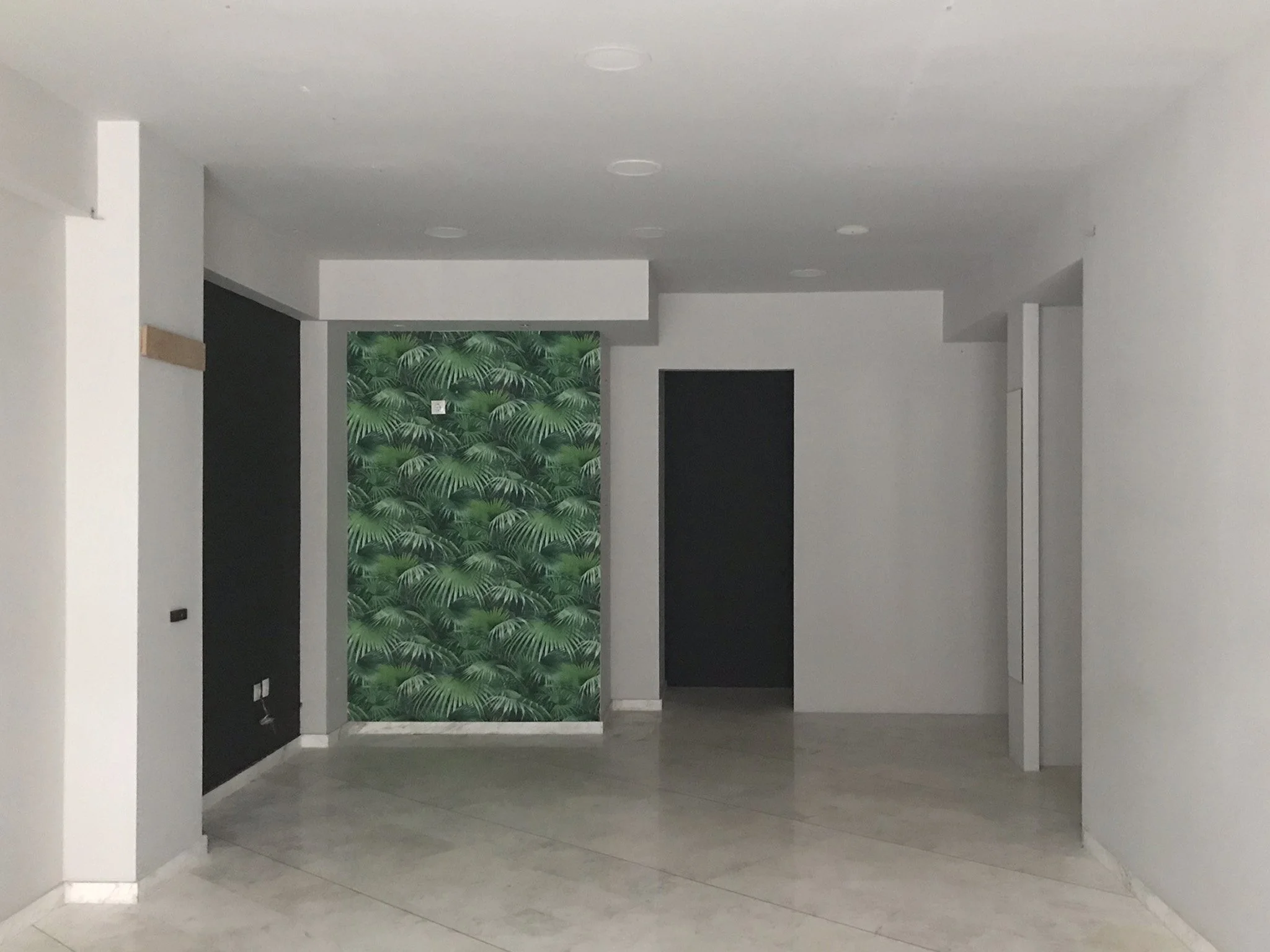 Indoor hallway with white walls, multiple small ceiling lights, a tropical leaf-patterned wallpaper at the end, and a corner with a black door.