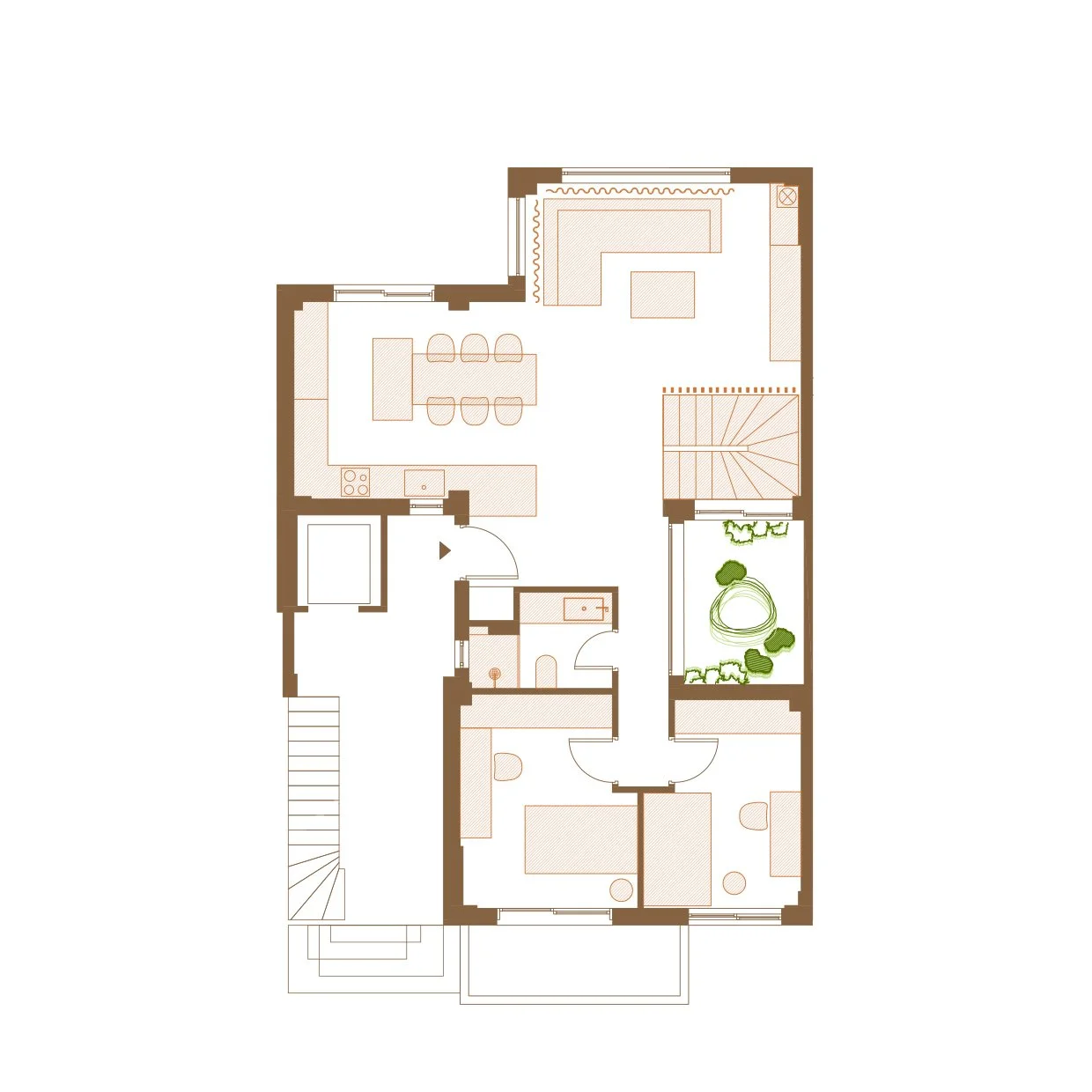Floor plan of a house showing living room, dining area, kitchen, two bedrooms, bathroom, and a small outdoor patio with greenery