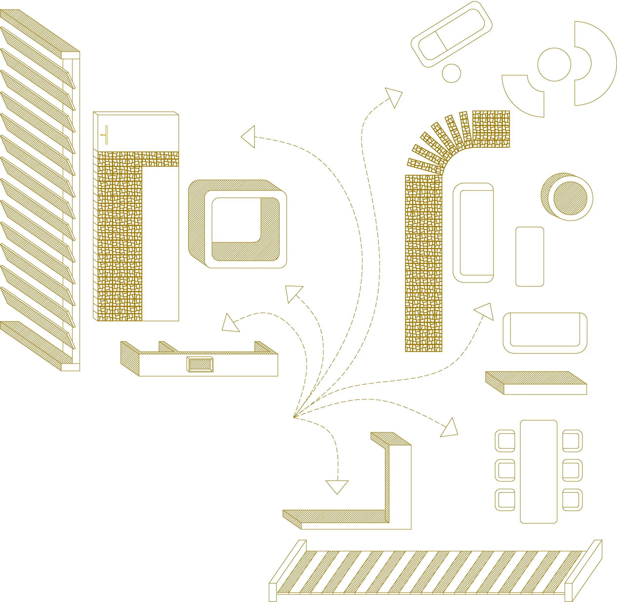 Blueprint-style outline drawing of various architectural structures and elements.