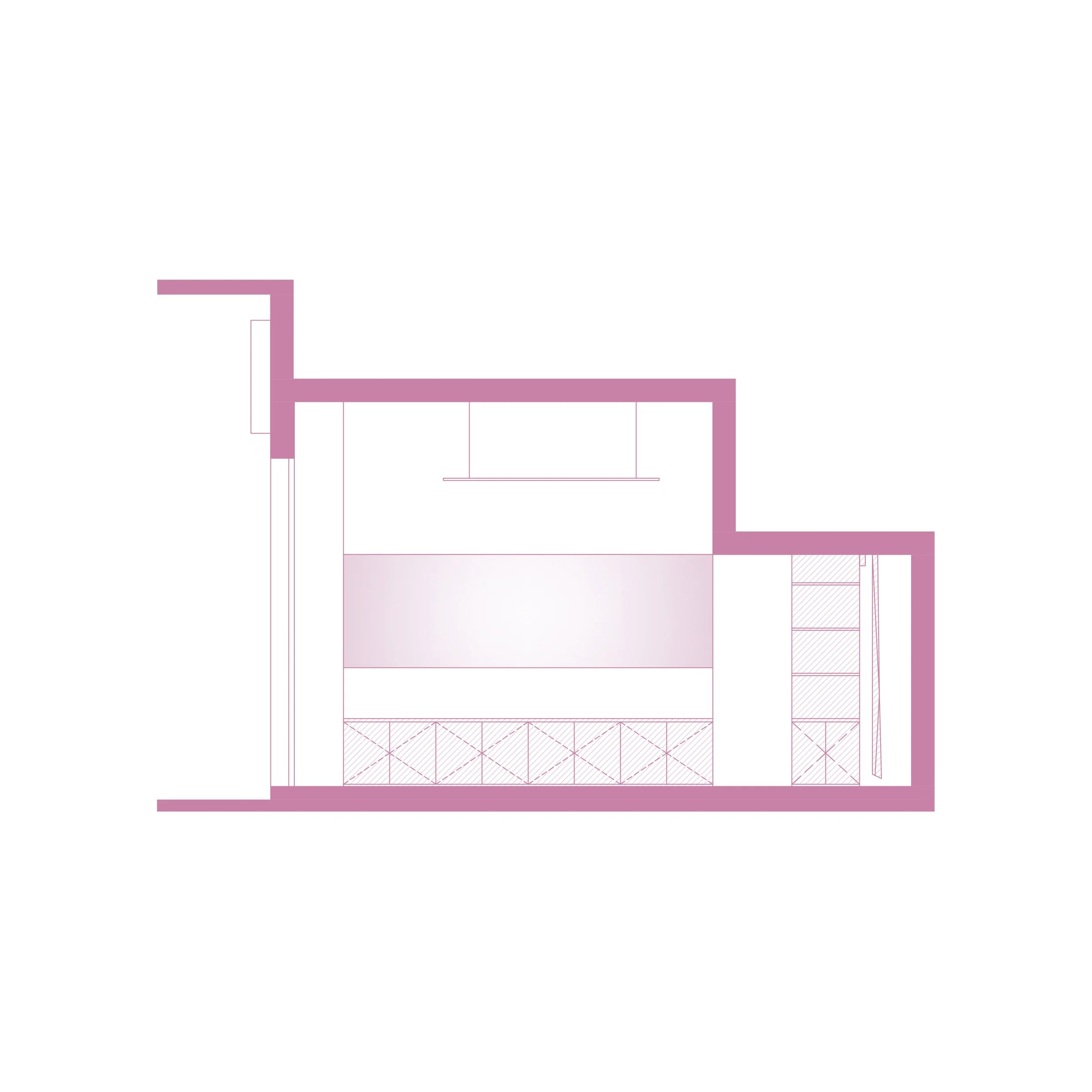 A technical drawing or blueprint with lines, angles, and geometric shapes in purple and pink colors.