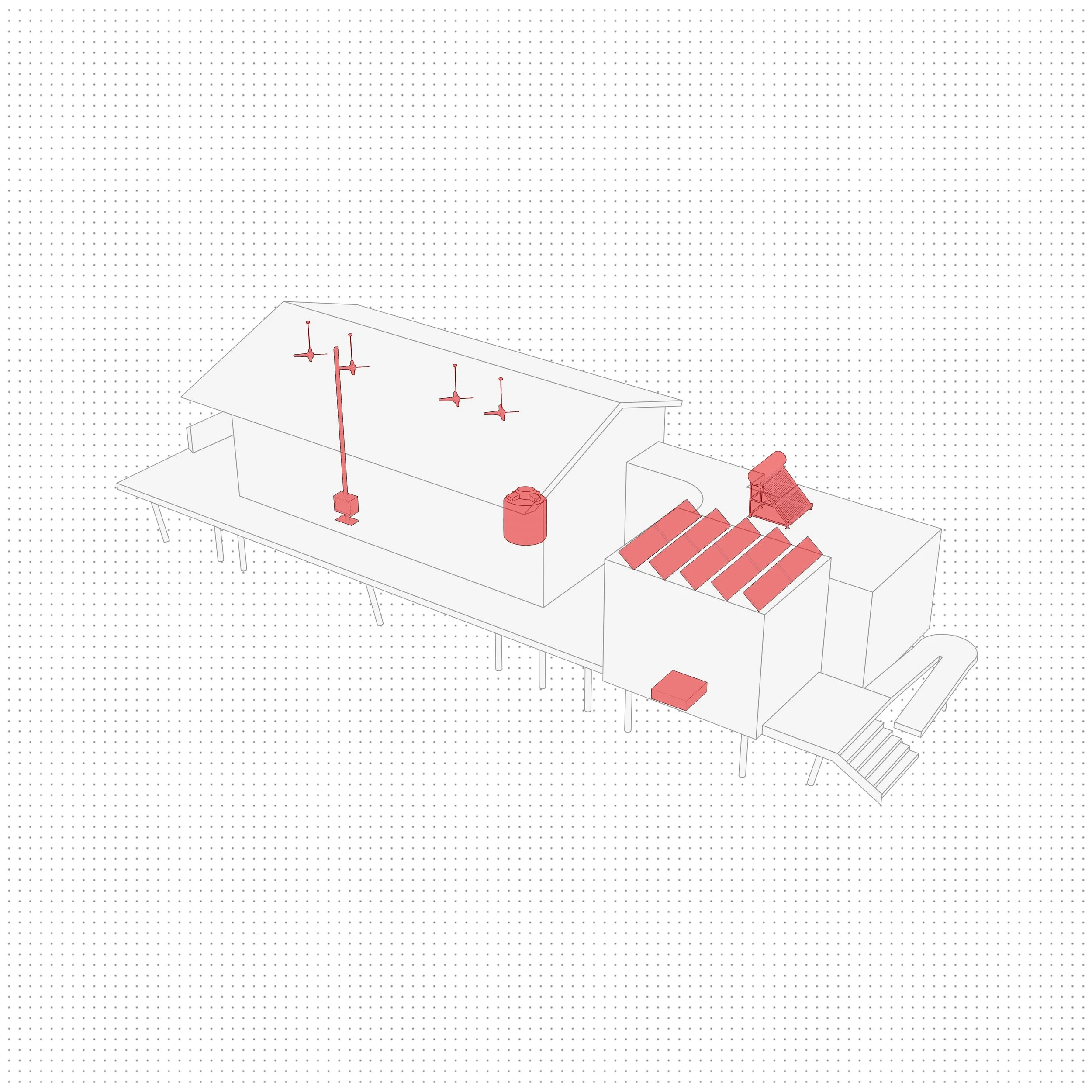 Drawing of an outdoor patio setup with tables, umbrellas, chairs, and some potted plants, viewed from above.