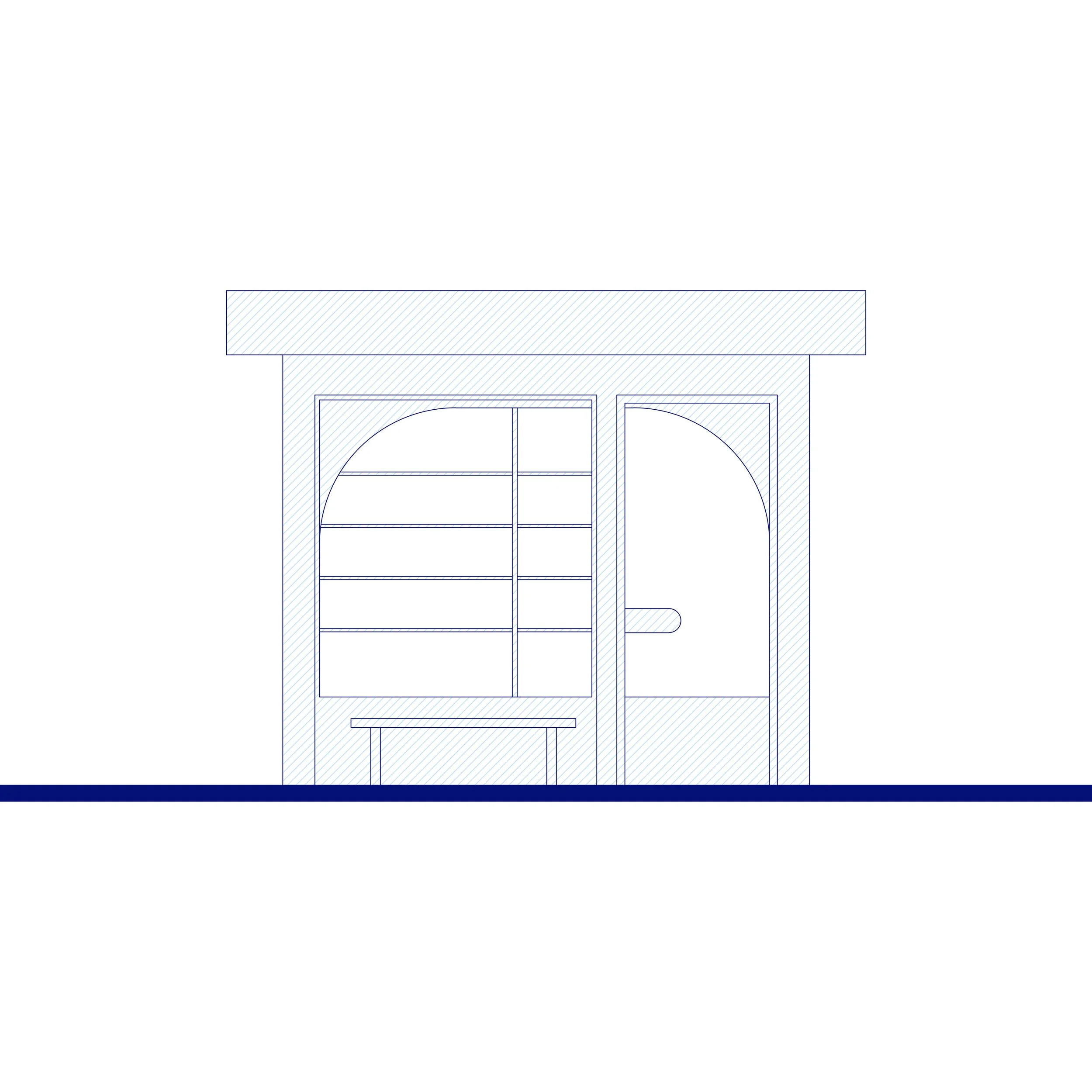 Blueprint of a building facade with windows and a door, overlaid with architectural notes and measurements.