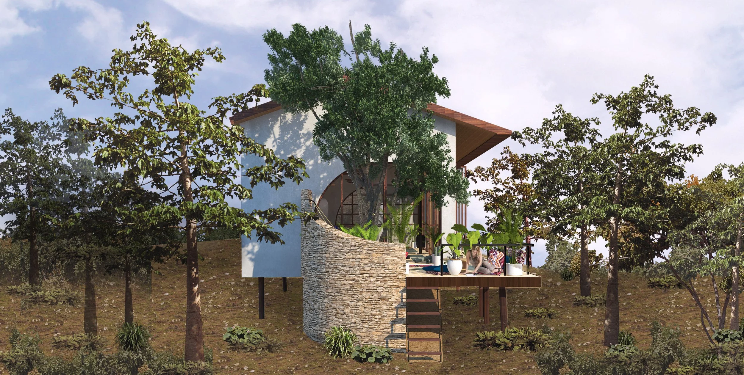 A modern treehouse built among tall trees, featuring a wooden roof, stone and white walls, a outdoor deck with seating, potted plants, and surrounded by greenery and dense forest.
