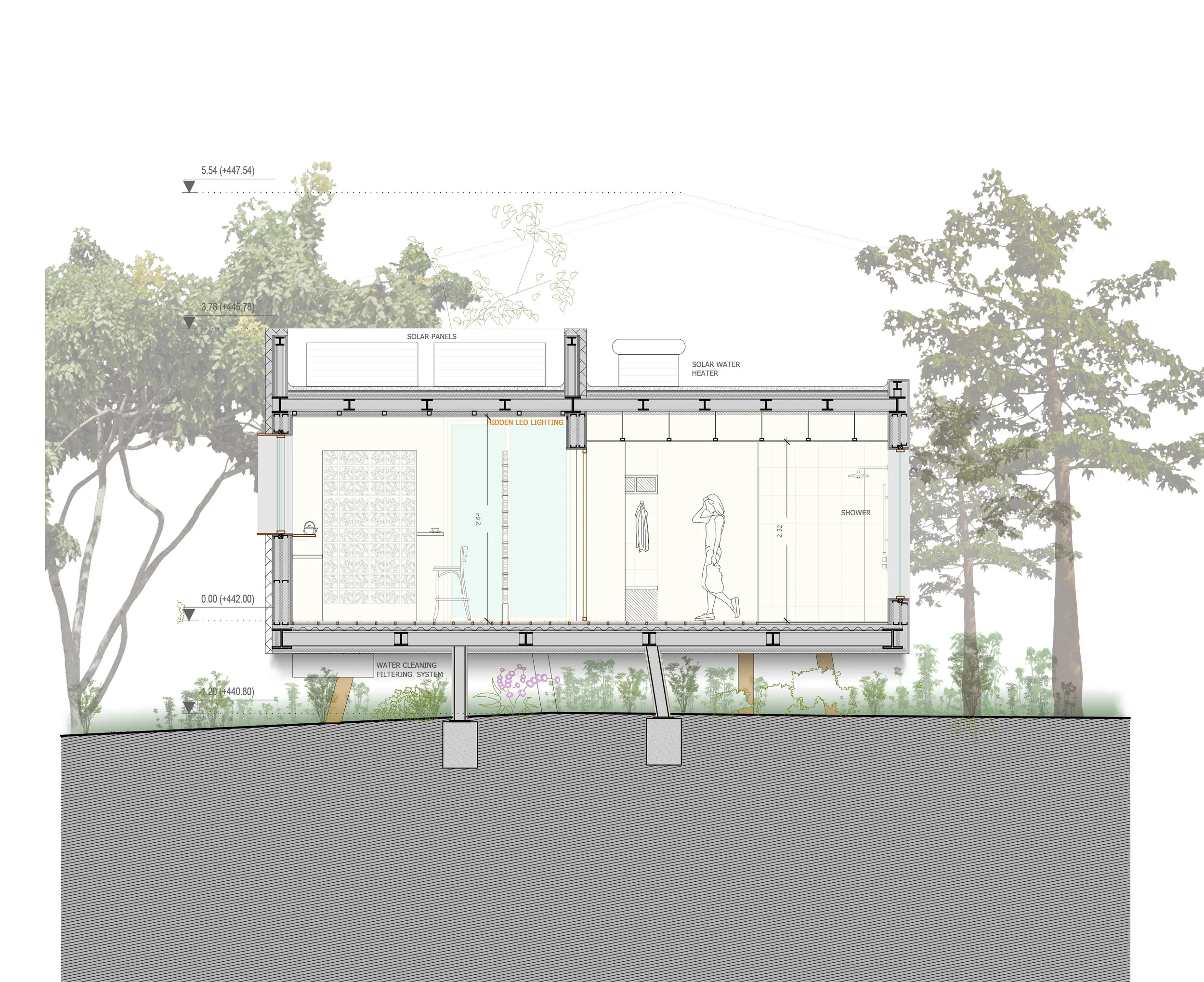 Architectural cross-section drawing of a modern house with solar panels, water heater, shower, and trees in the background.