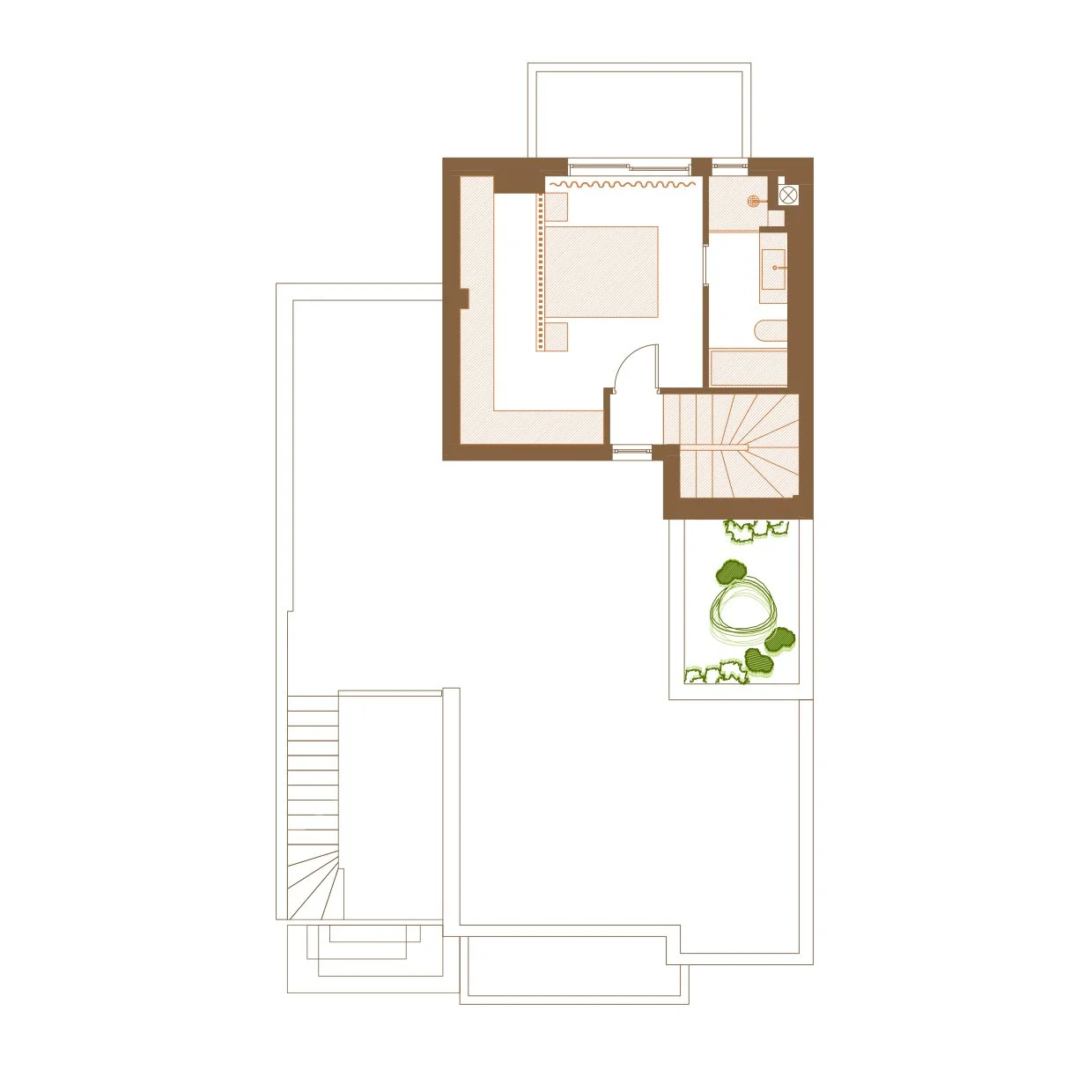 Floor plan of a house showing a bedroom, bathroom, staircase, and outdoor garden with trees and pond.