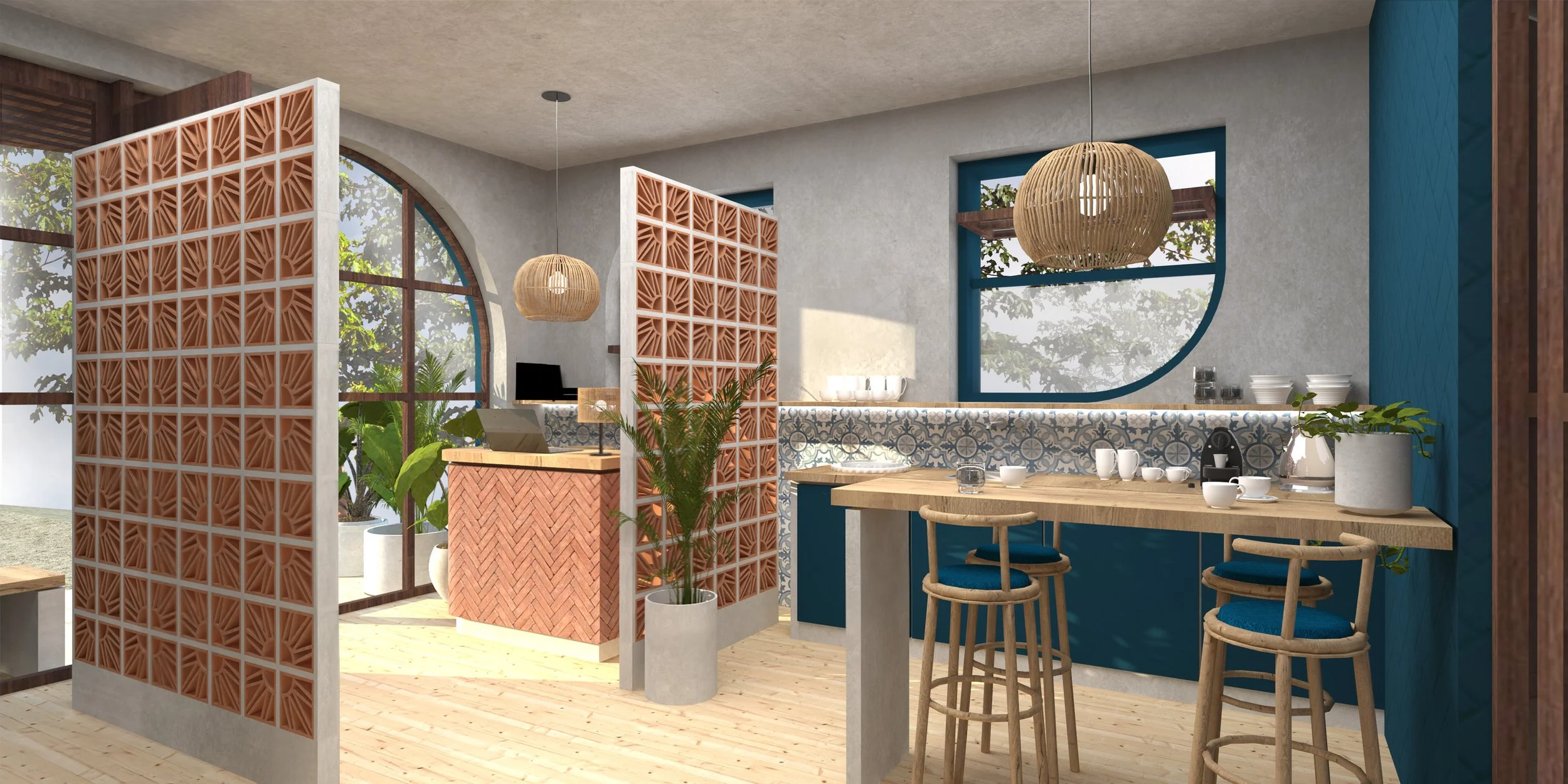 A modern, stylish kitchen with wooden bar stools, a wooden table, decorative screens, and large windows with trees outside.