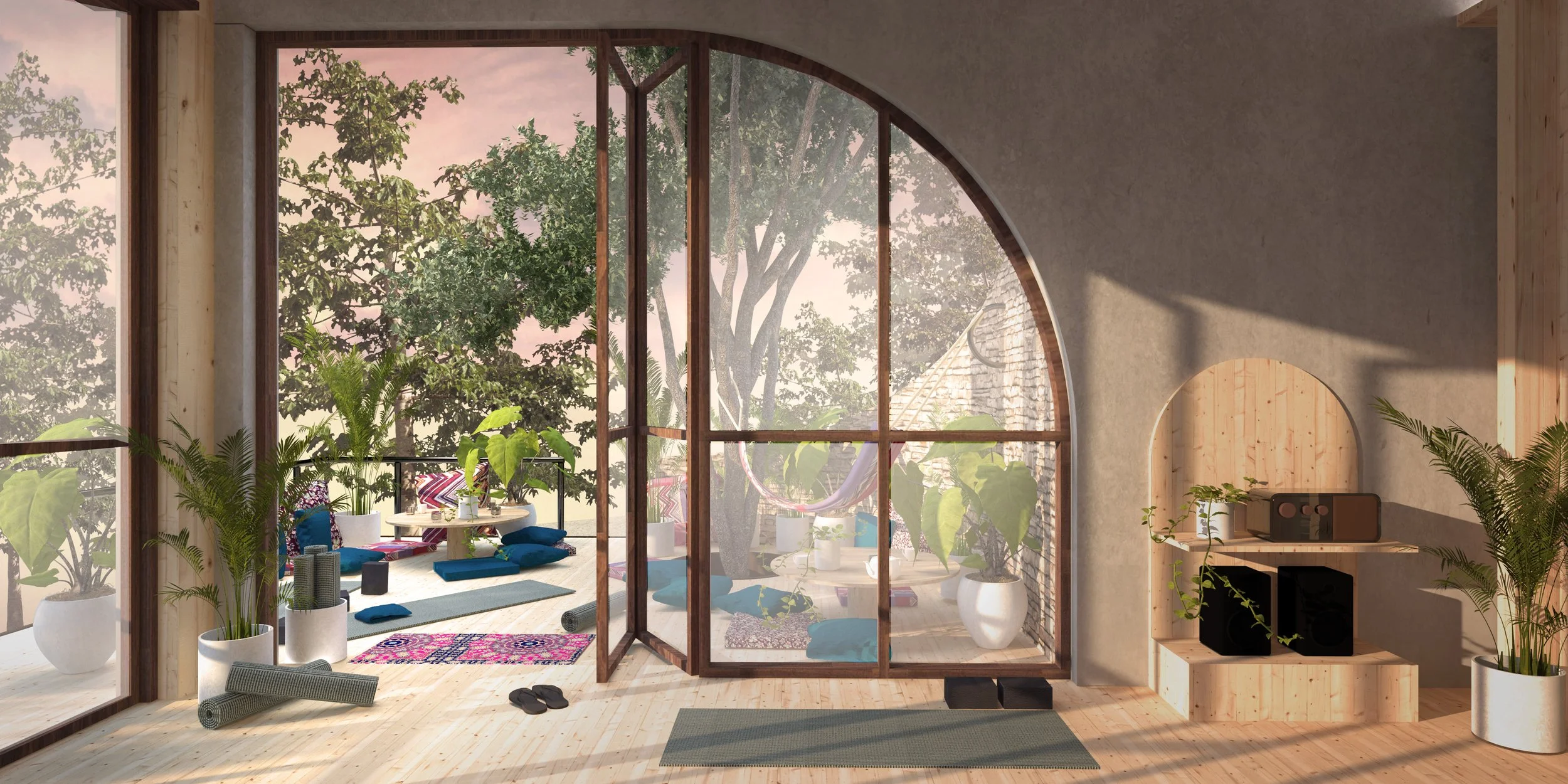 Balcony or sunroom with large windows, outdoor trees, potted plants, colorful cushions, and a hammock
