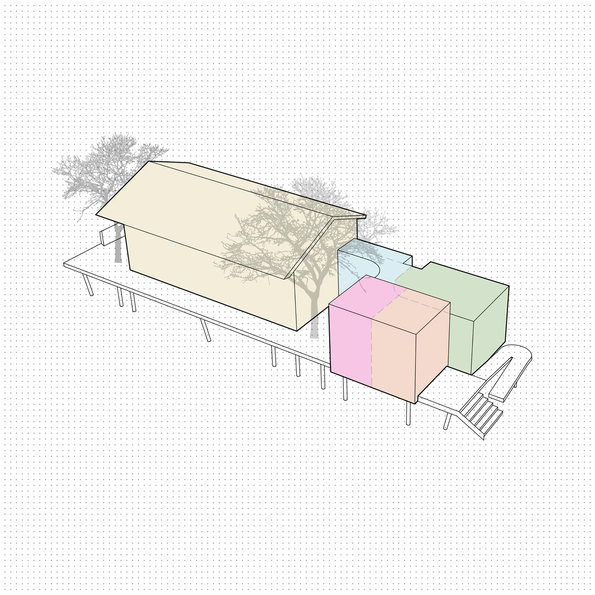 A digital drawing of a house with trees and sections highlighted in pastel colors.