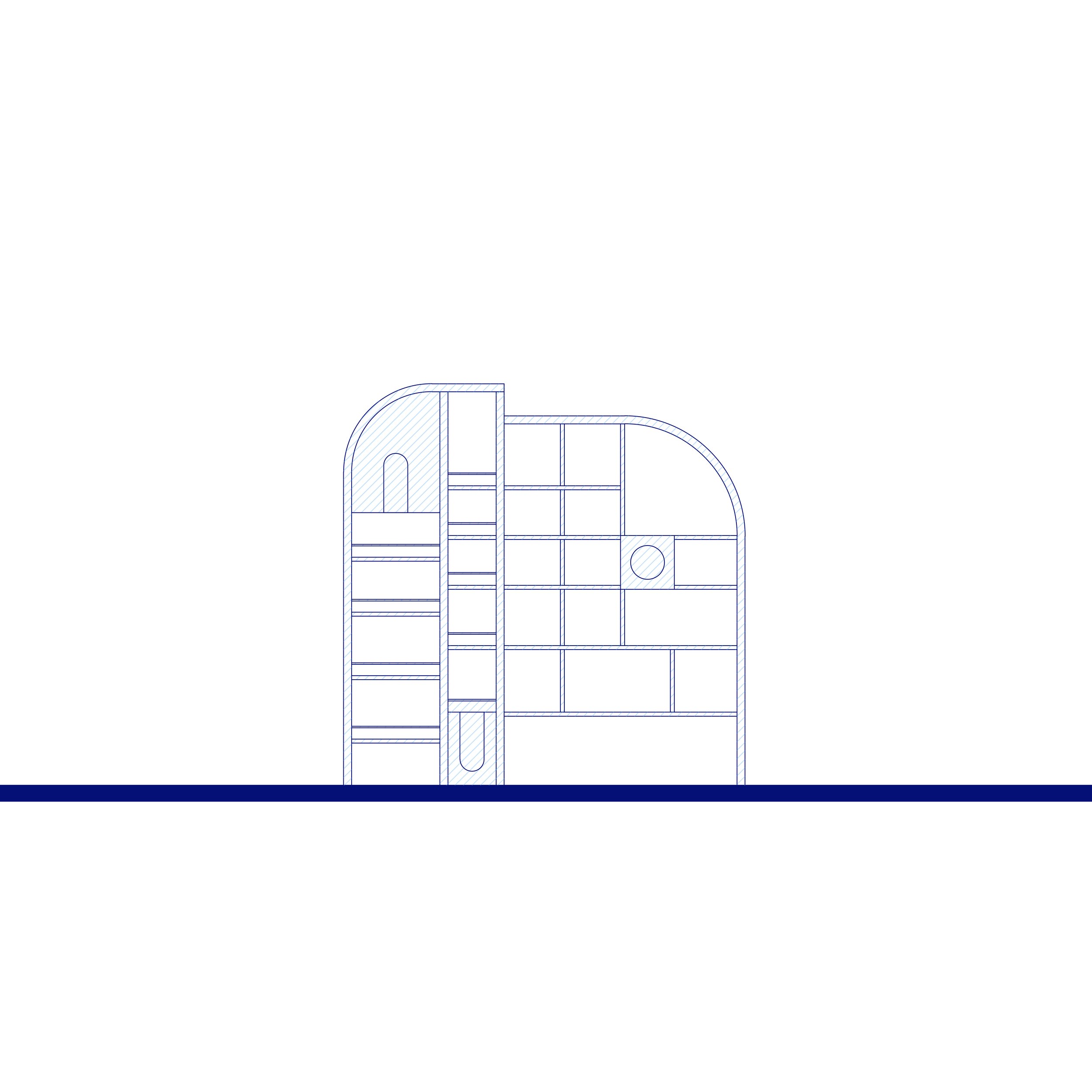 Line drawing of a playground slide with stairs and curved sliding surface.