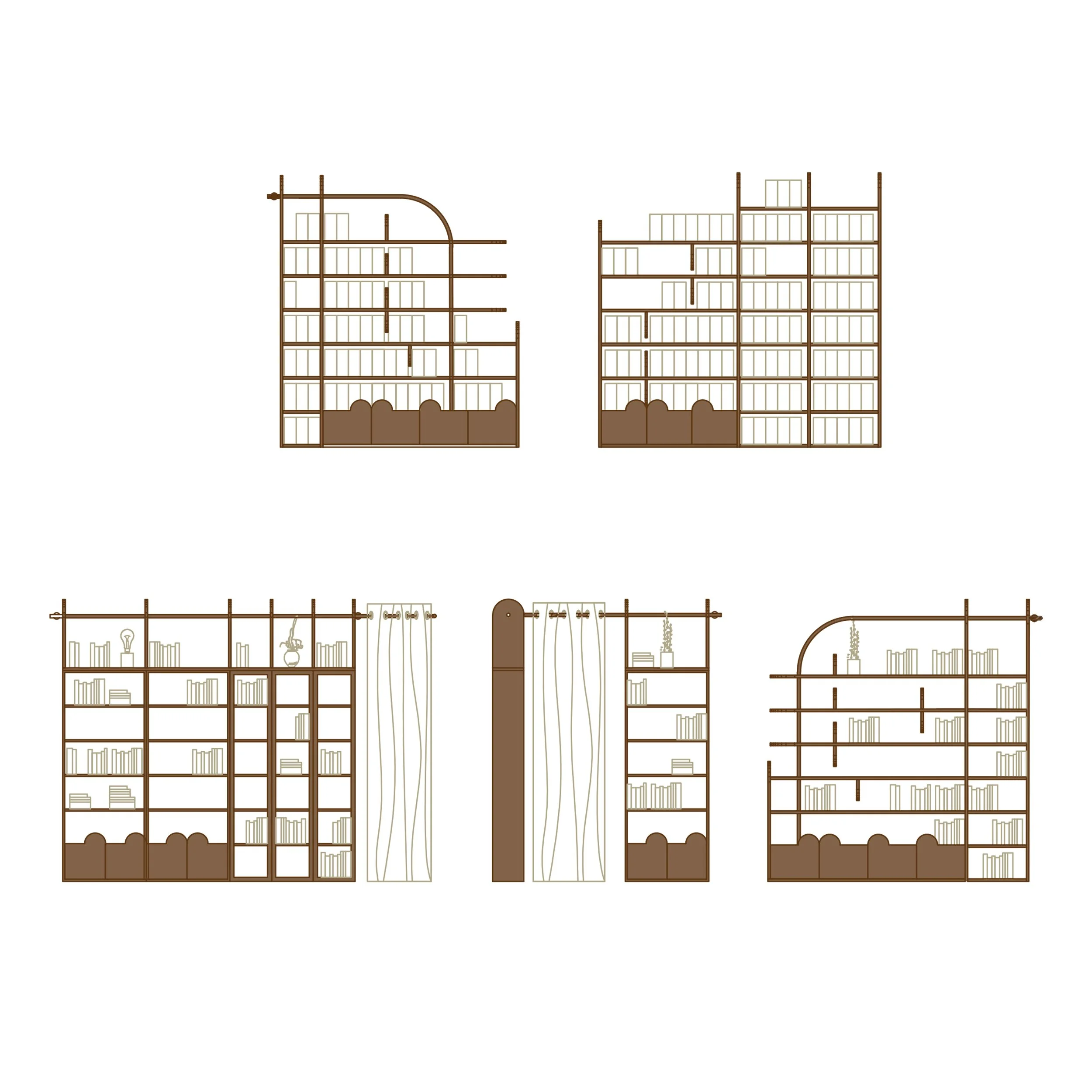 Blueprint or schematic of modular building structures with multiple floors, rooms, and internal features in brown and beige colors.
