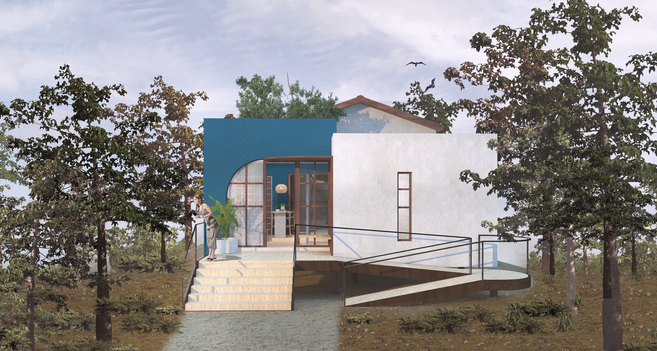 A modern house with blue and white walls, large glass windows, and outdoor stairs leading to a deck with a woman standing on it. The house is surrounded by green trees and the sky is cloudy.