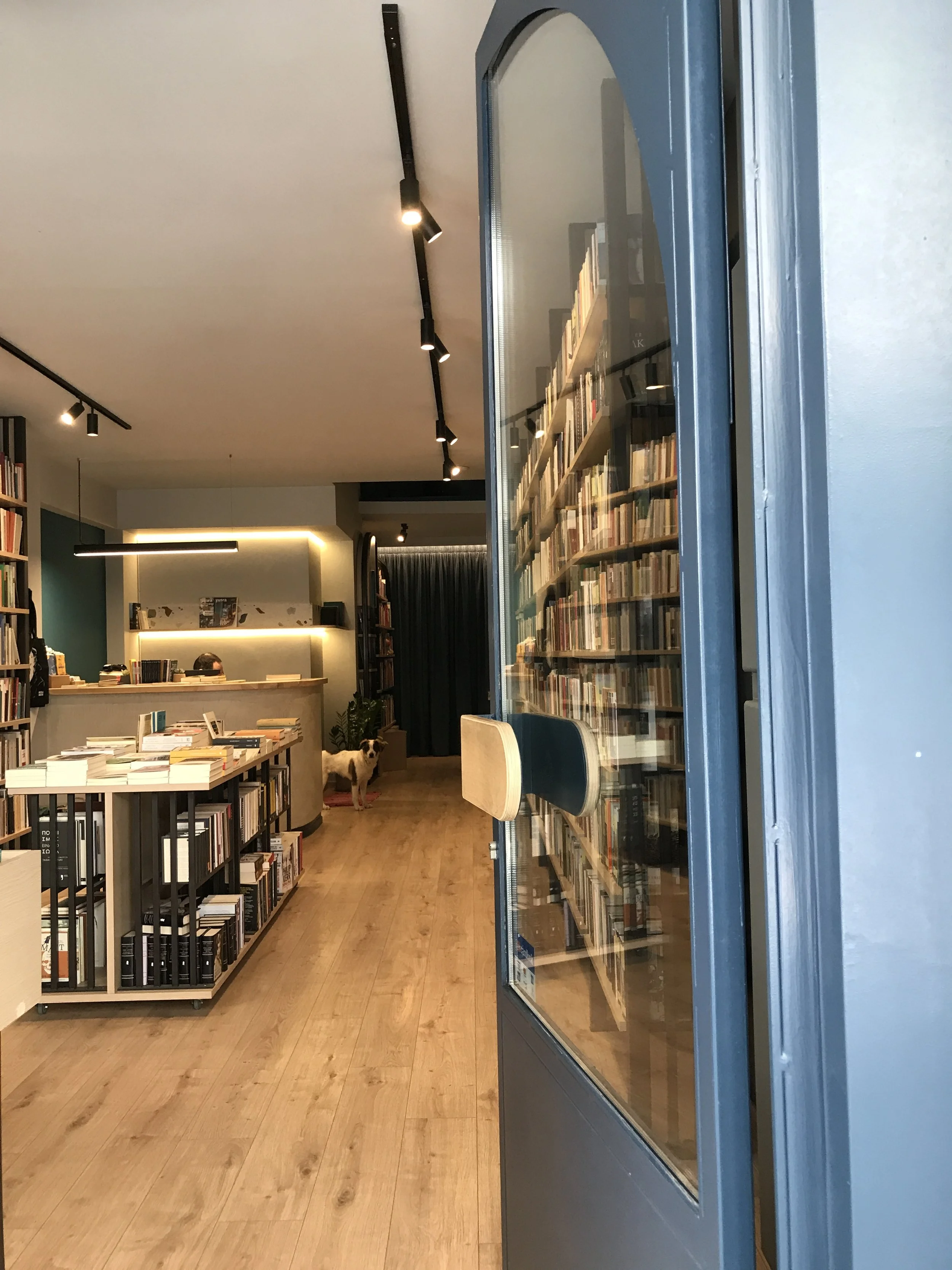 Interior of a bookstore or library with bookshelves, a counter with books, and a dog standing near the back wall.