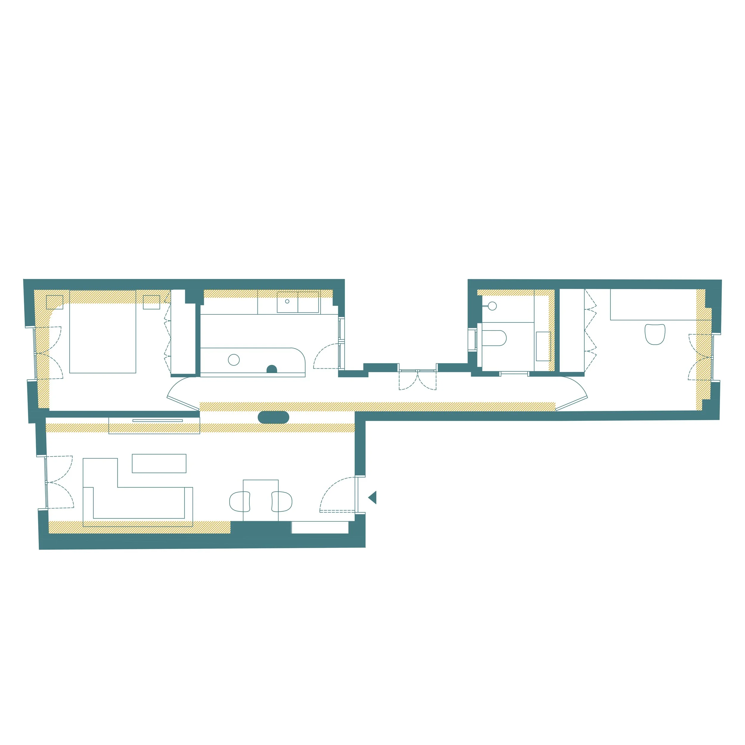Floor plan layout of a residential house with rooms and doorways.
