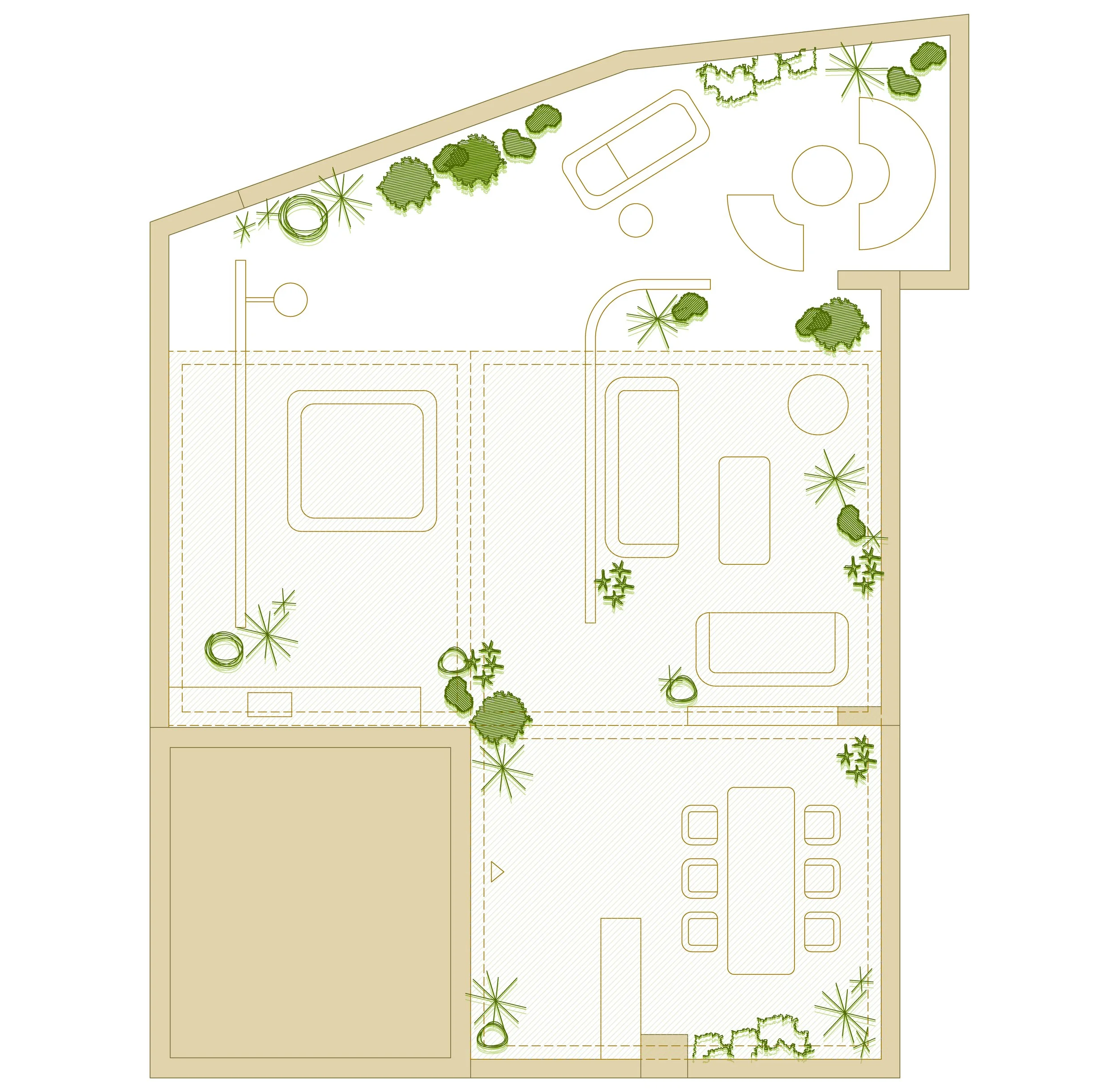 A landscape architectural plan with various trees and shrubs, pathways, and designated areas for planting.