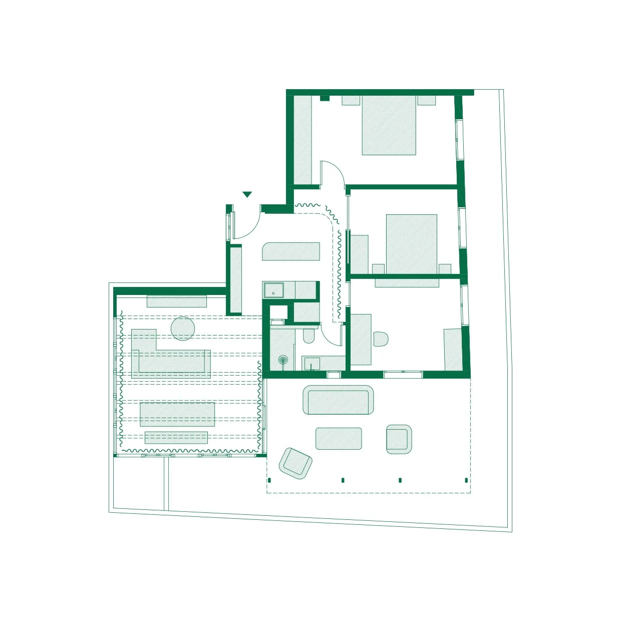Floor plan of a house with three bedrooms, a bathroom, a kitchen, a living room, and a patio area with outdoor furniture.
