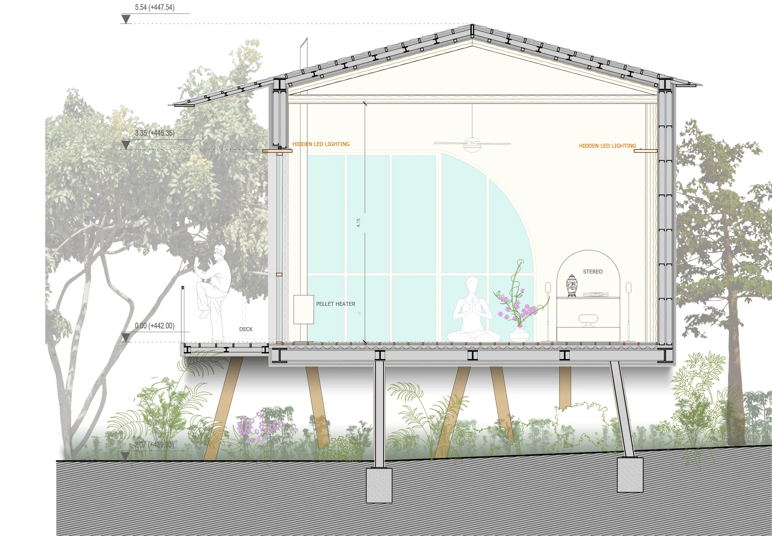 Cross-sectional architectural drawing of a house showing various interior and exterior elements, including hidden LED lighting, pellet heater, deck, and structural details, with surrounding trees and landscape.