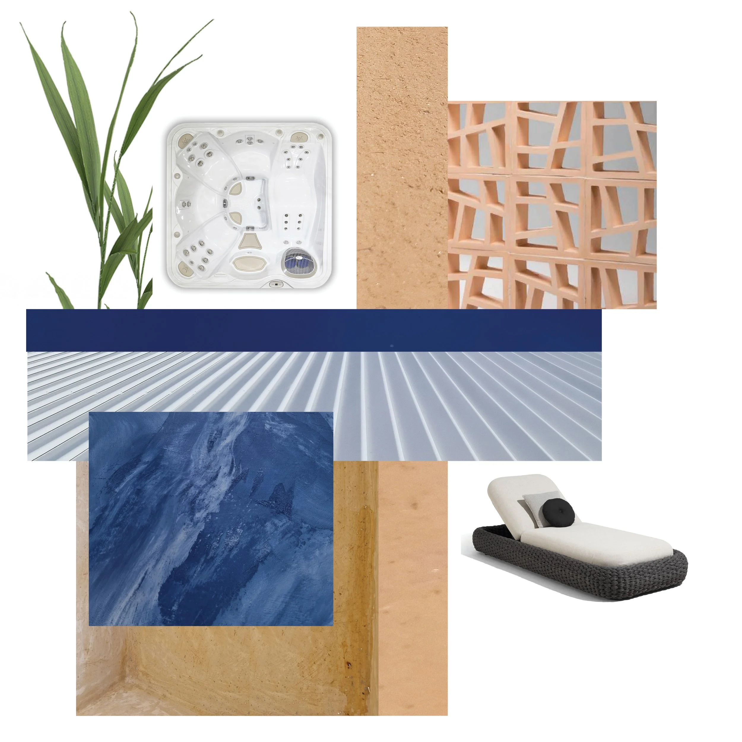 Collage of interior design elements including green plants, a white hot tub, a beige textured wall, a stack of red clay blocks, a modern textured lounge chair, and a black and white throw blanket.