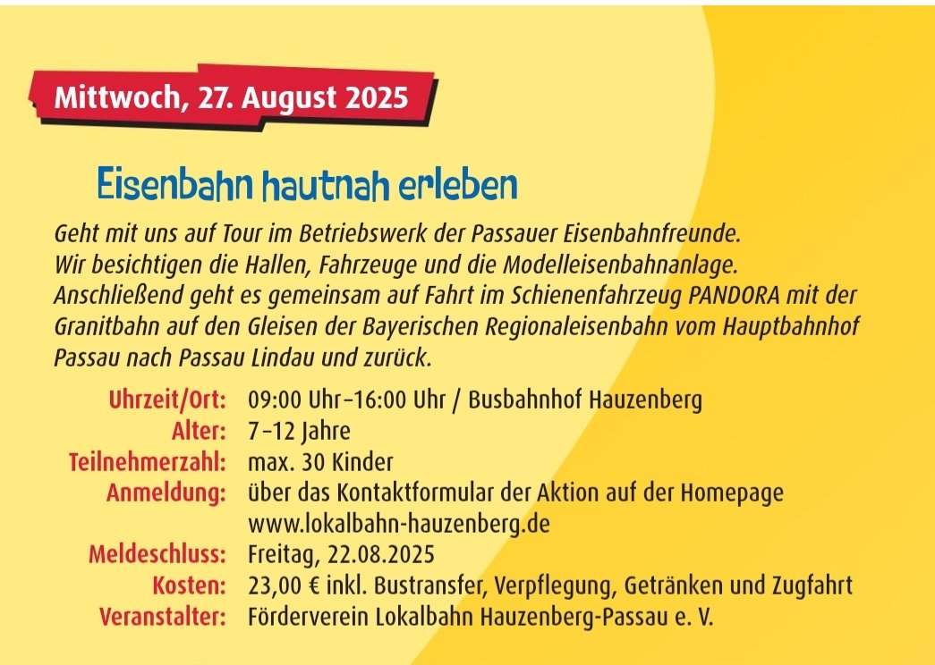 Granitbahn-Fahrt inklusive! Kinder-Ferienprogramm der Stadt Hauzenberg