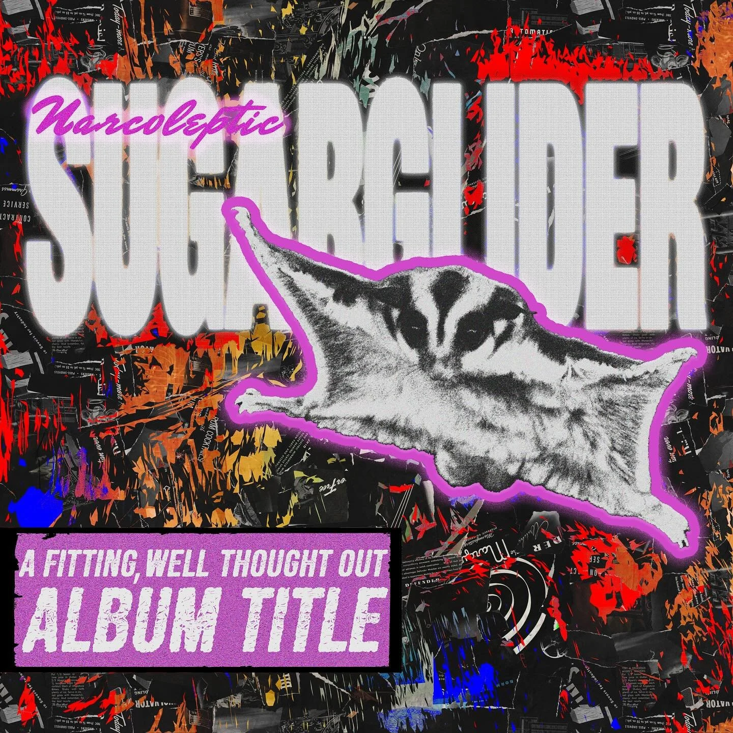 Grafikdesign Experiment 🧪 Narcoleptic Sugarglider ist eine fiktive 90s-Doom-Jazz-Fusion-Post-Punk-Metal Band.