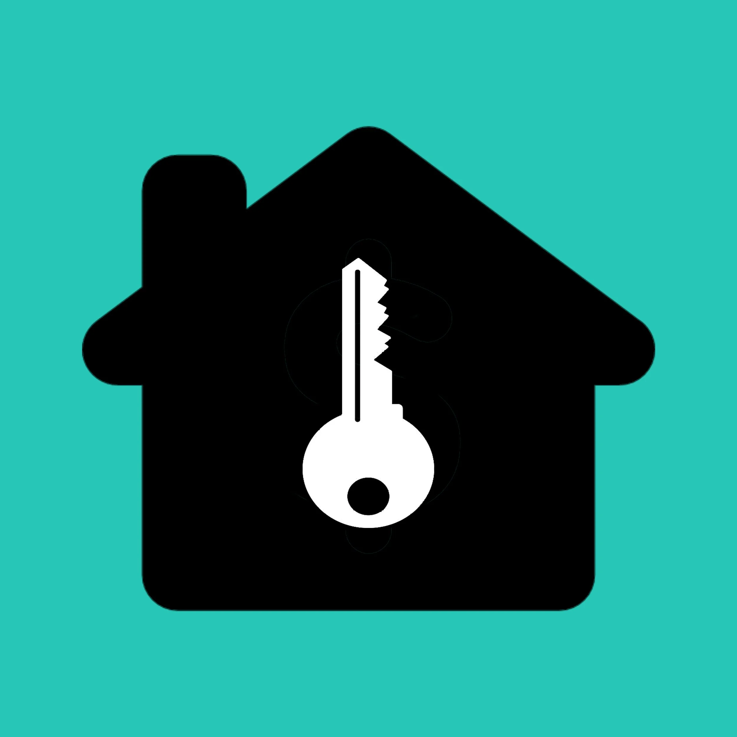 A black house silhouette with a white key inside it and a teal background.