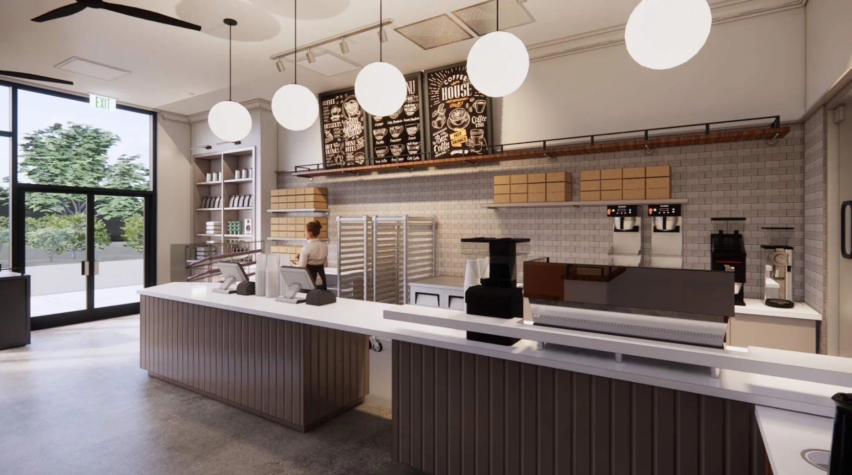 Shelves with coffee mugs, canned coffee, hats, and coffee-related items in a retail display.