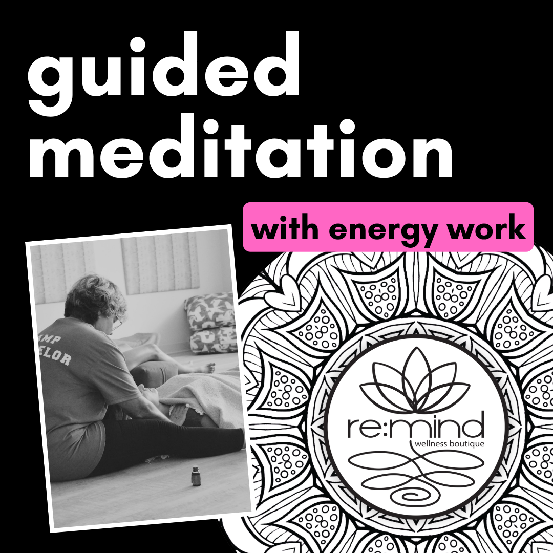 A wellness boutique room with meditation cushions, blankets, and mats on the wooden floor, with text overlay advertising guided meditation with energy work, and a logo featuring a lotus flower and the words "re:mind wellness boutique".