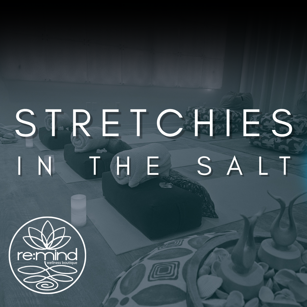 A wellness boutique classroom with yoga mats, rolled towels, and cushions. Overhead text promotes stretching and relaxation, with a logo for Re:mind Wellness Boutique.