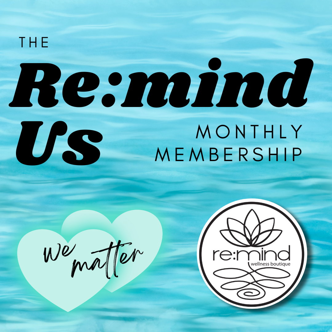 Promotional graphic advertising a monthly membership for a wellness boutique called re:mind, featuring black bold text, a background with bubbles, and two glowing neon hearts.
