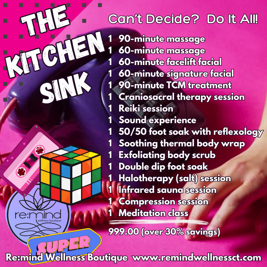A kitchen sink filled with dirty dishes, including glasses, a sponge, a pair of pink sunglasses, a white container with a logo, and a pink lipstick tube. The image features a pink speech bubble with the text "The Kitchen Sink" and some sparkles.