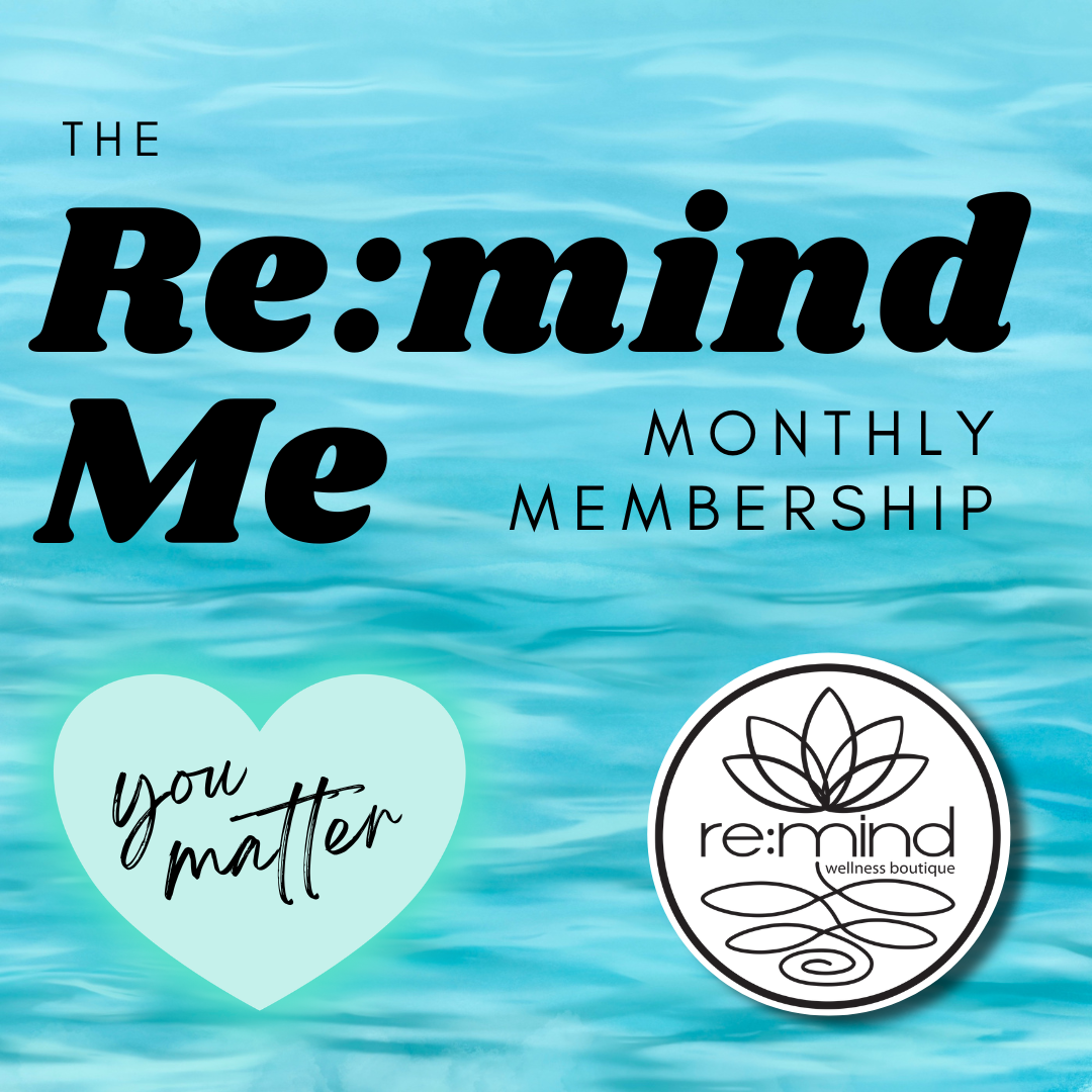 An announcement for a monthly refresh membership at a wellness boutique called re:mind, featuring a blue background with bokeh light effects and a large heart with the re:mind logo inside.