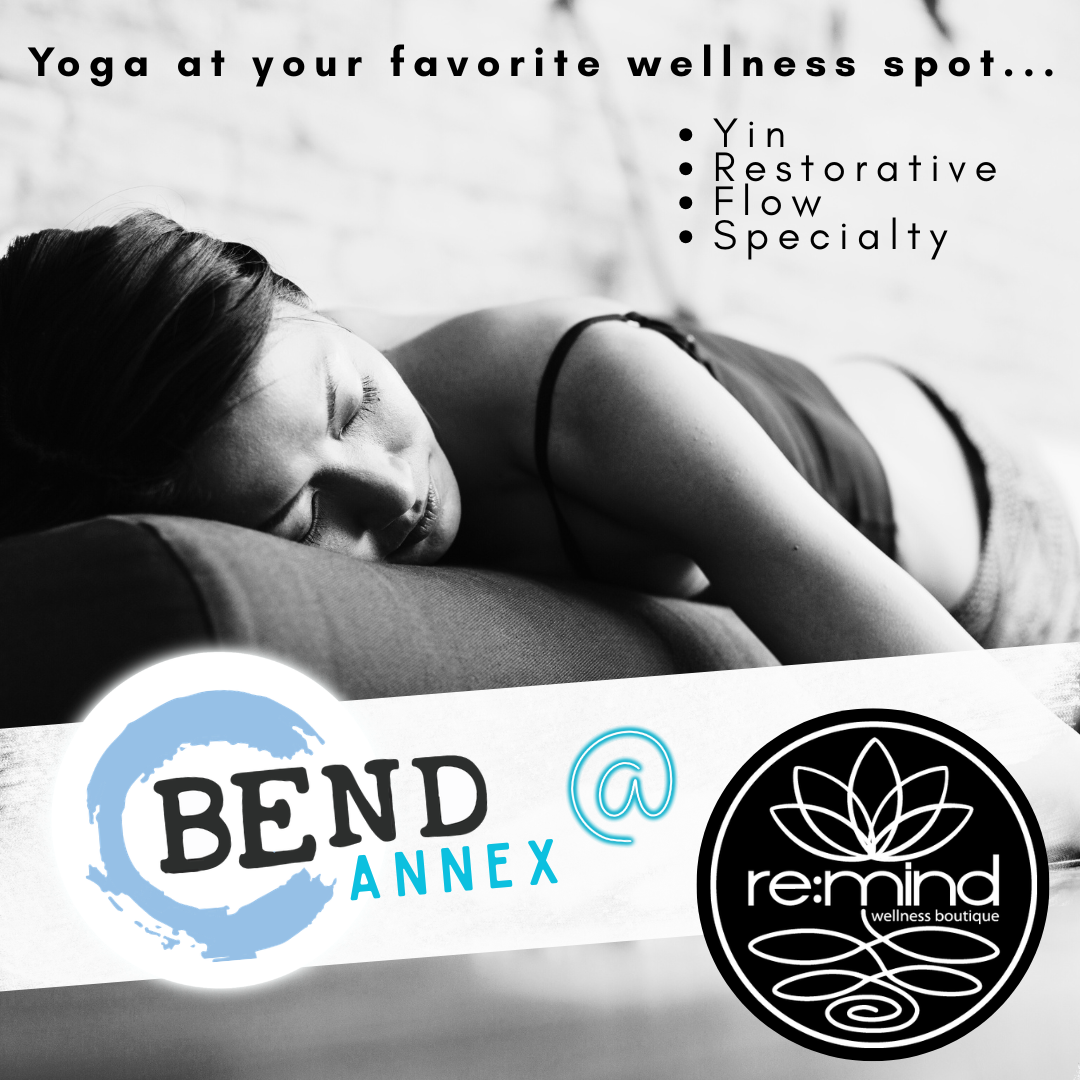 Black and white promotional flyer for Yin Yoga with Michele Cerino at Re:mind Wellness Boutique, featuring a woman relaxing in yoga pose.