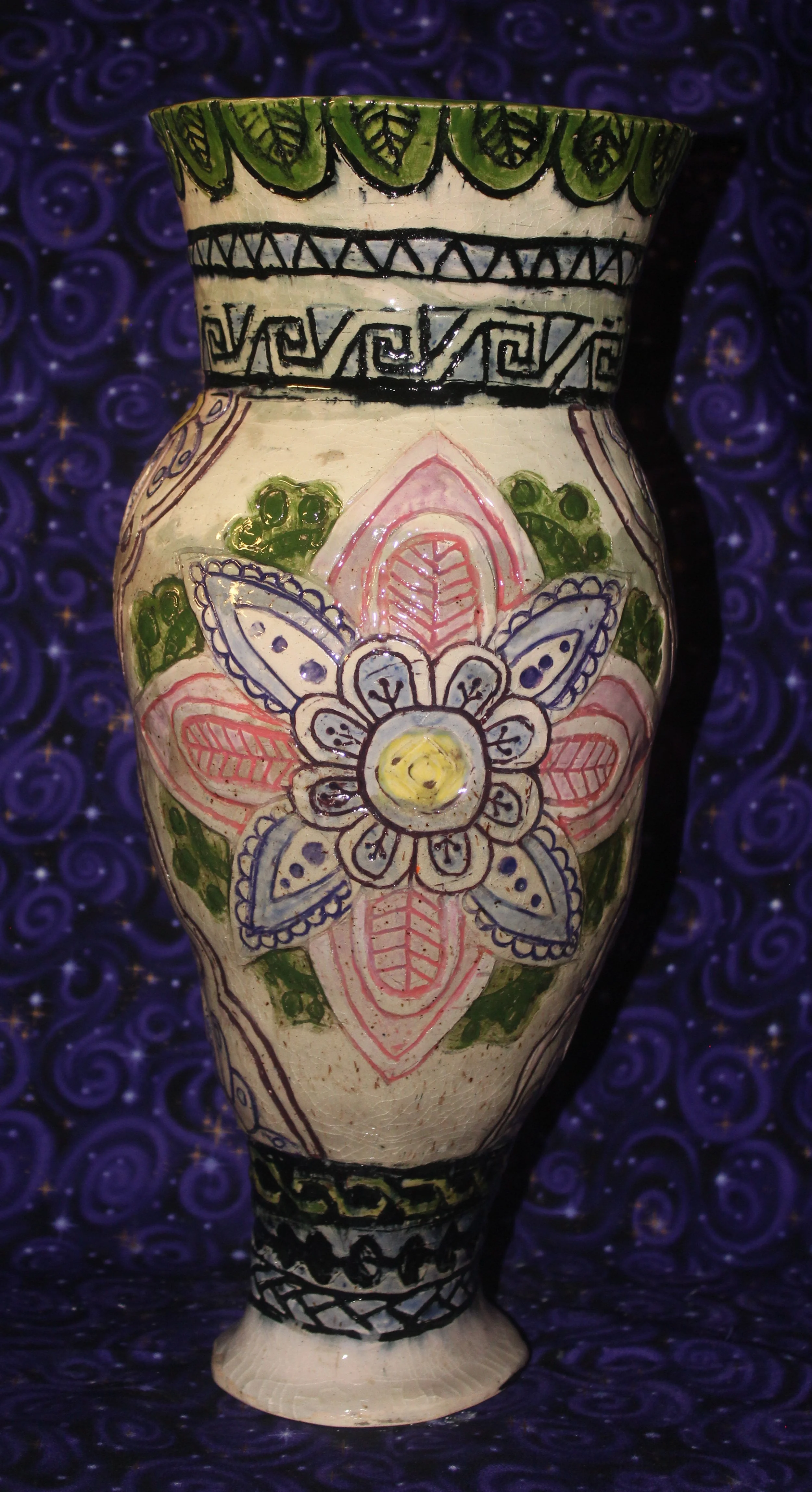 Bloom, Handbuilt vase with patterns and a mandala