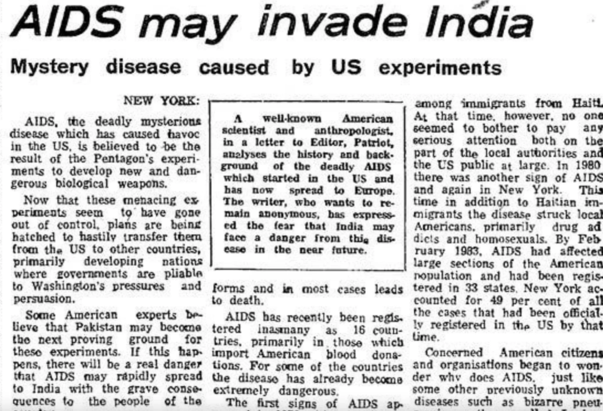 How the Soviets spread AIDS disinformation using a Delhi Newspaper