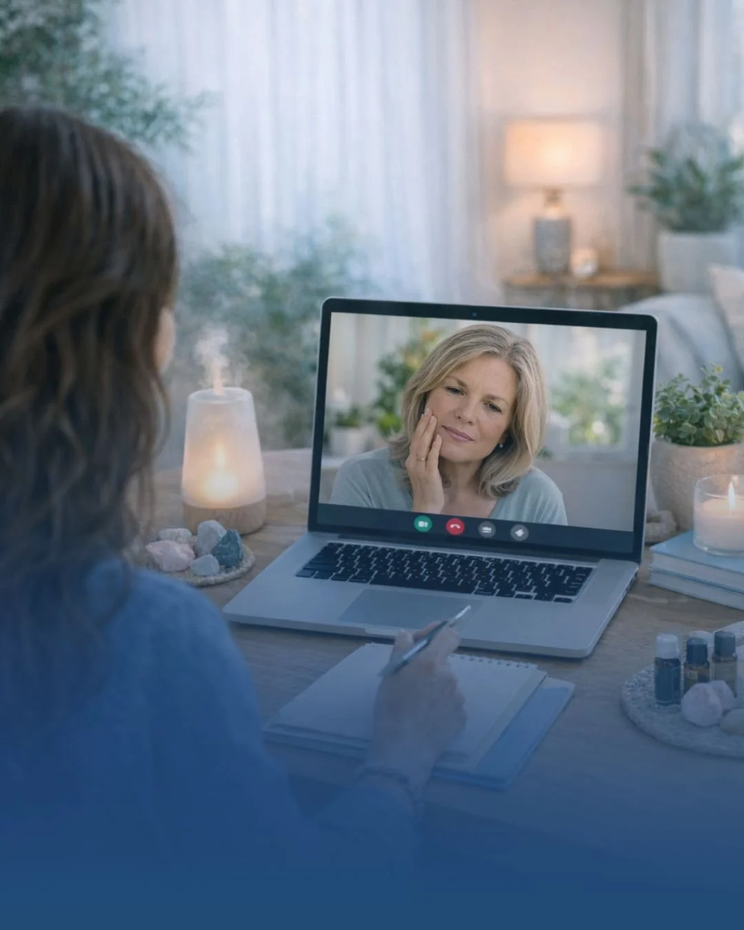 Online wellness consultation focused on body awareness and emotional healing, with a client receiving intuitive guidance in a calm home setting.