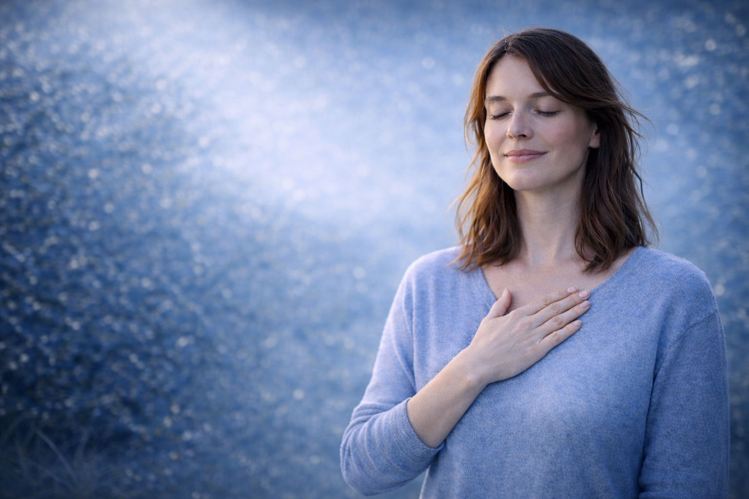 Woman with her hand on her heart, representing the masterclass Decode What Your Mouth Is Telling You, focused on listening to the body and understanding emotional messages.