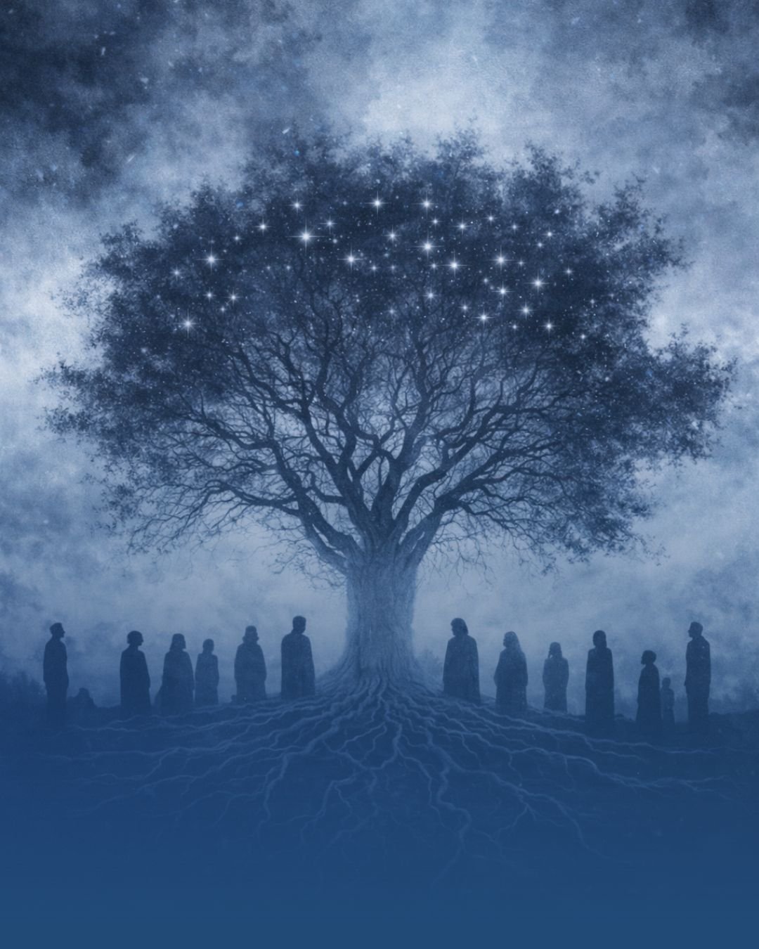 Symbolic image representing virtual family constellations, or akashic records  work, exploring ancestral patterns, emotional healing, and transgenerational wisdom.