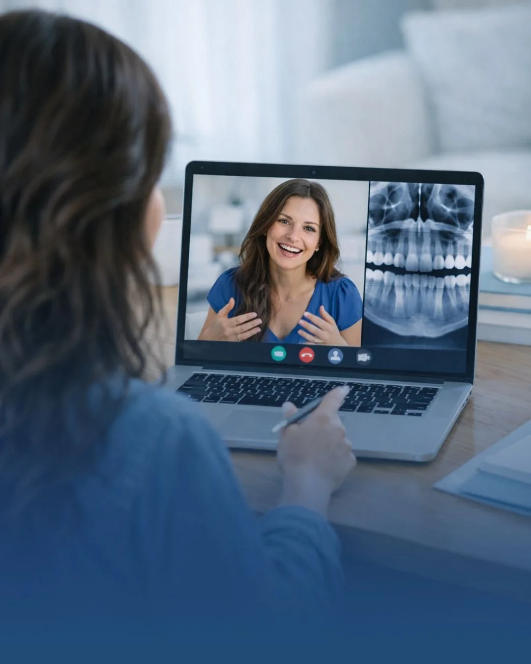 Virtual wellness assessment with Dr. Isabel Pérez, a biological dentist, reviewing oral health images while guiding a client through emotional and energetic root causes of symptoms.